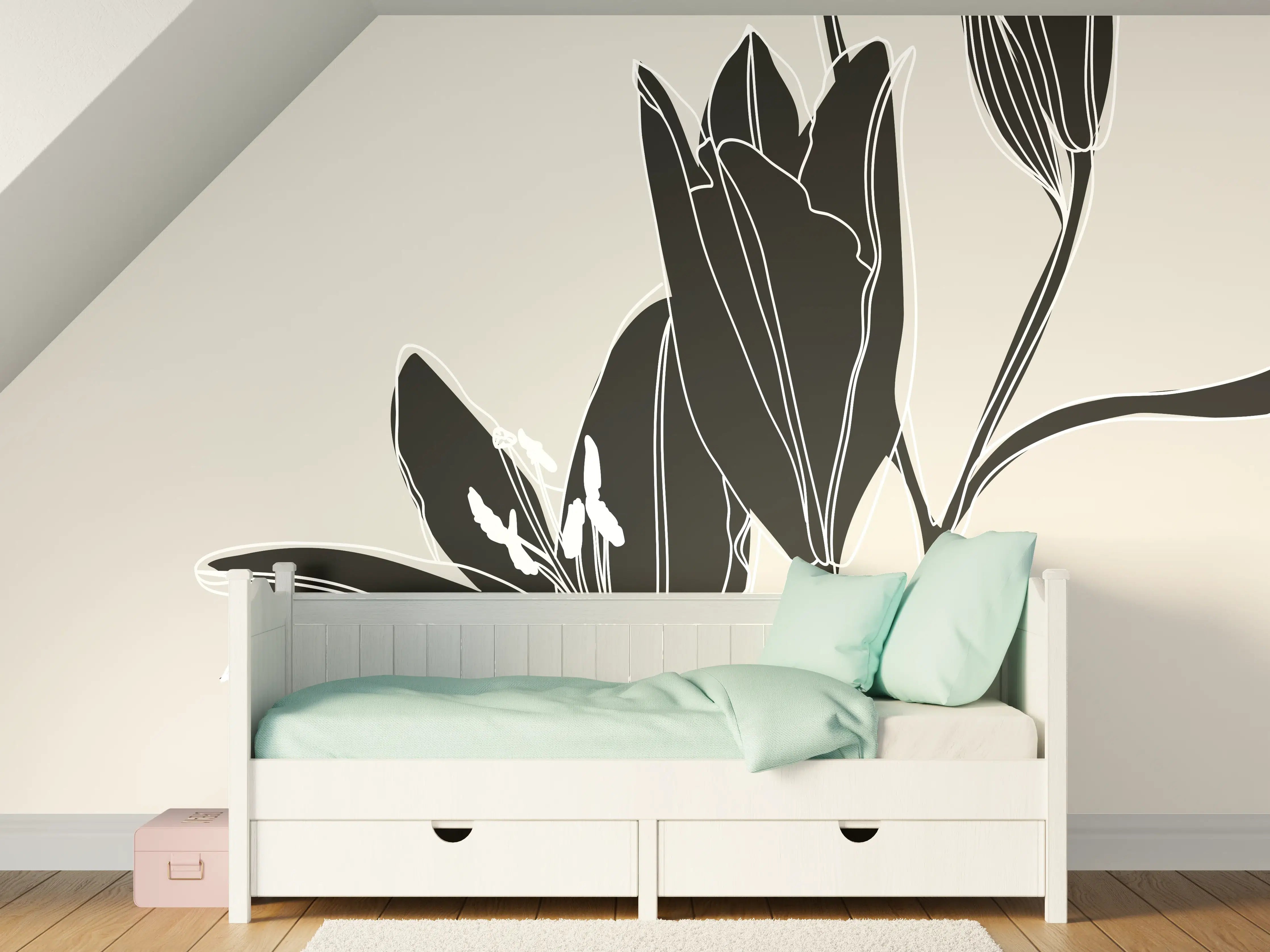 Kinderzimmer Wandgestaltung - Beige Schwarze Lilien Lineart