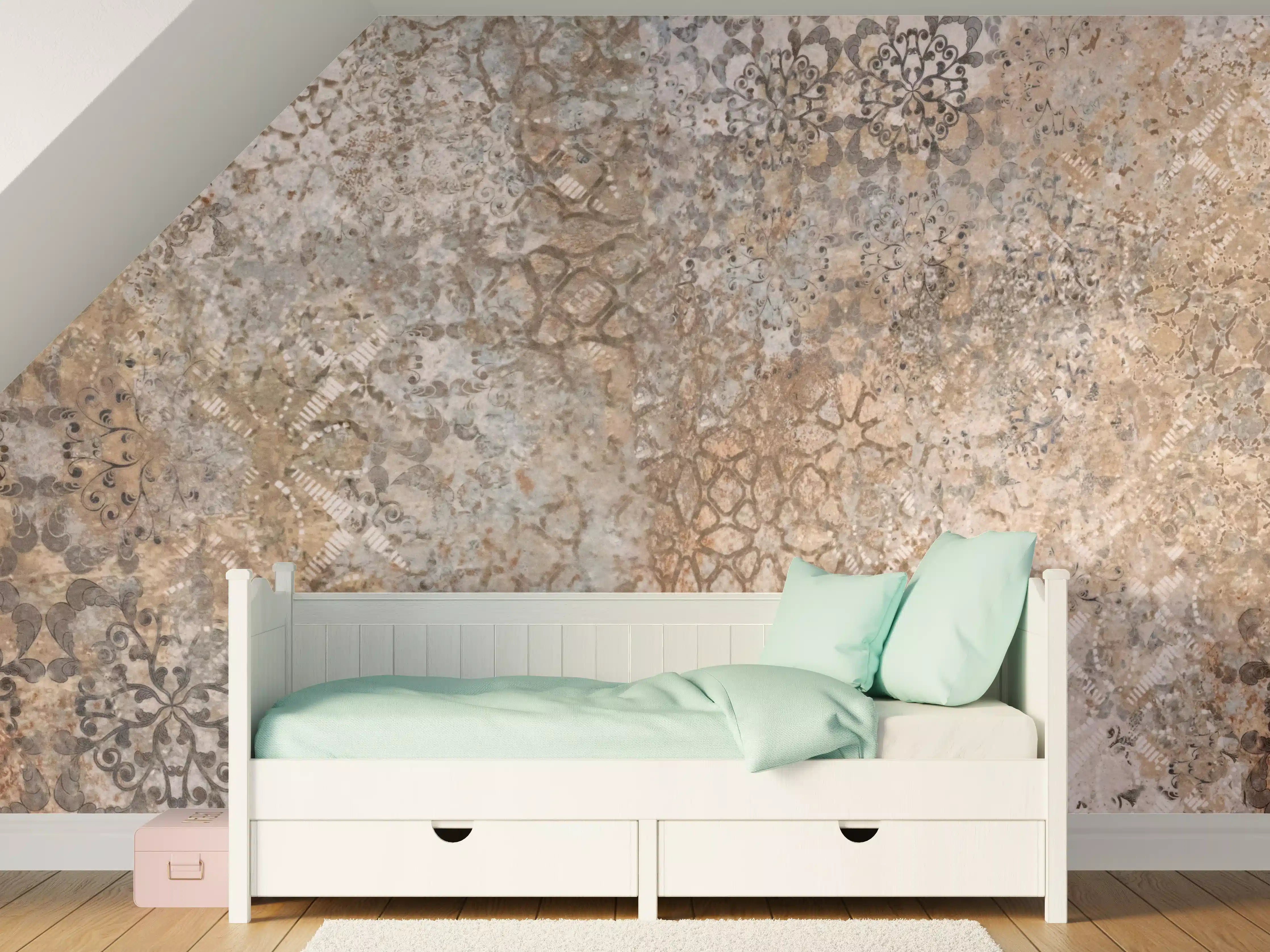 Kinderzimmer Wandgestaltung - Beige Vintage Blumenmuster im Tapeten-Stil
