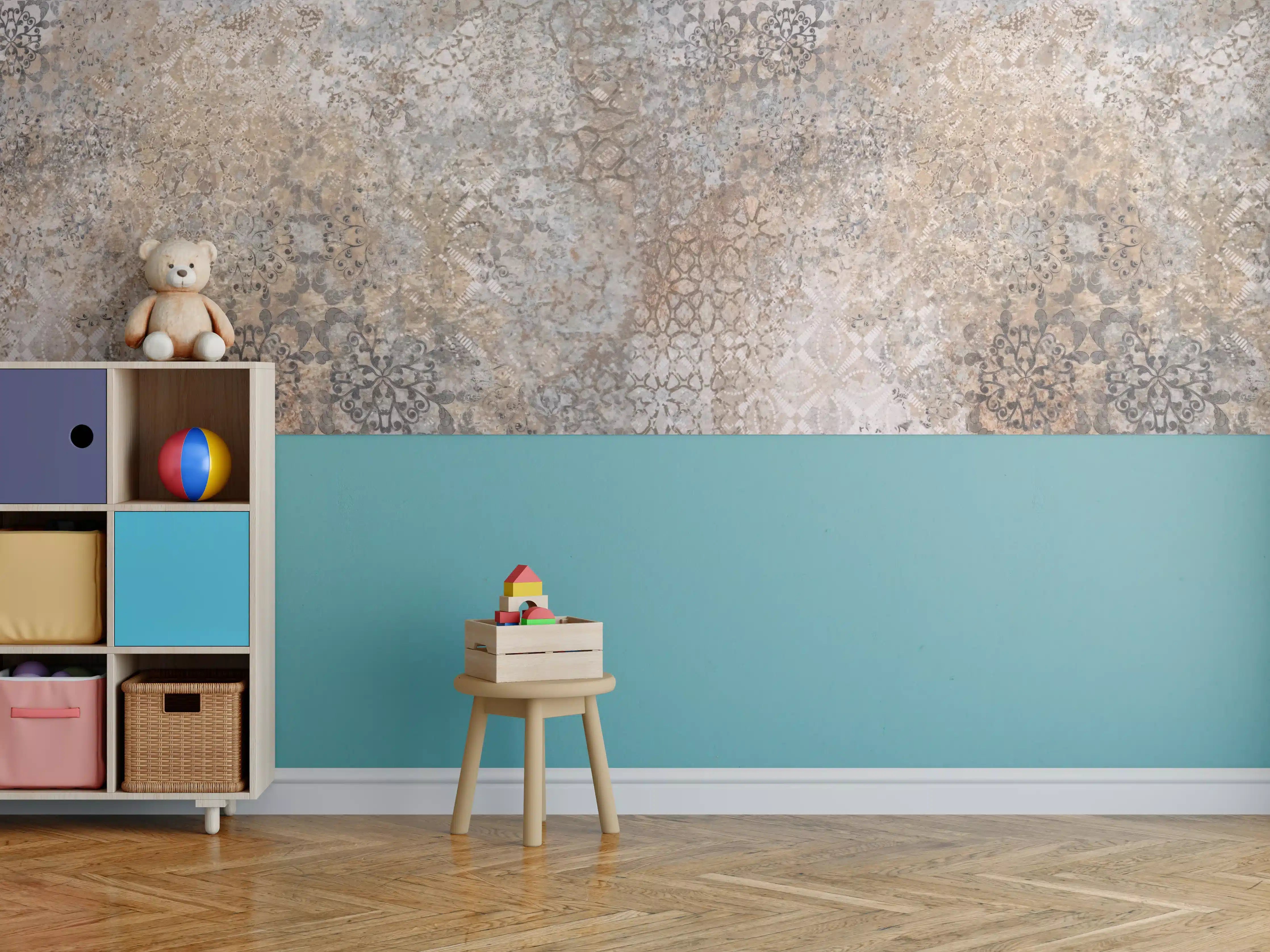 Kinderzimmer Wandgestaltung - Beige Vintage Blumenmuster im Tapeten-Stil