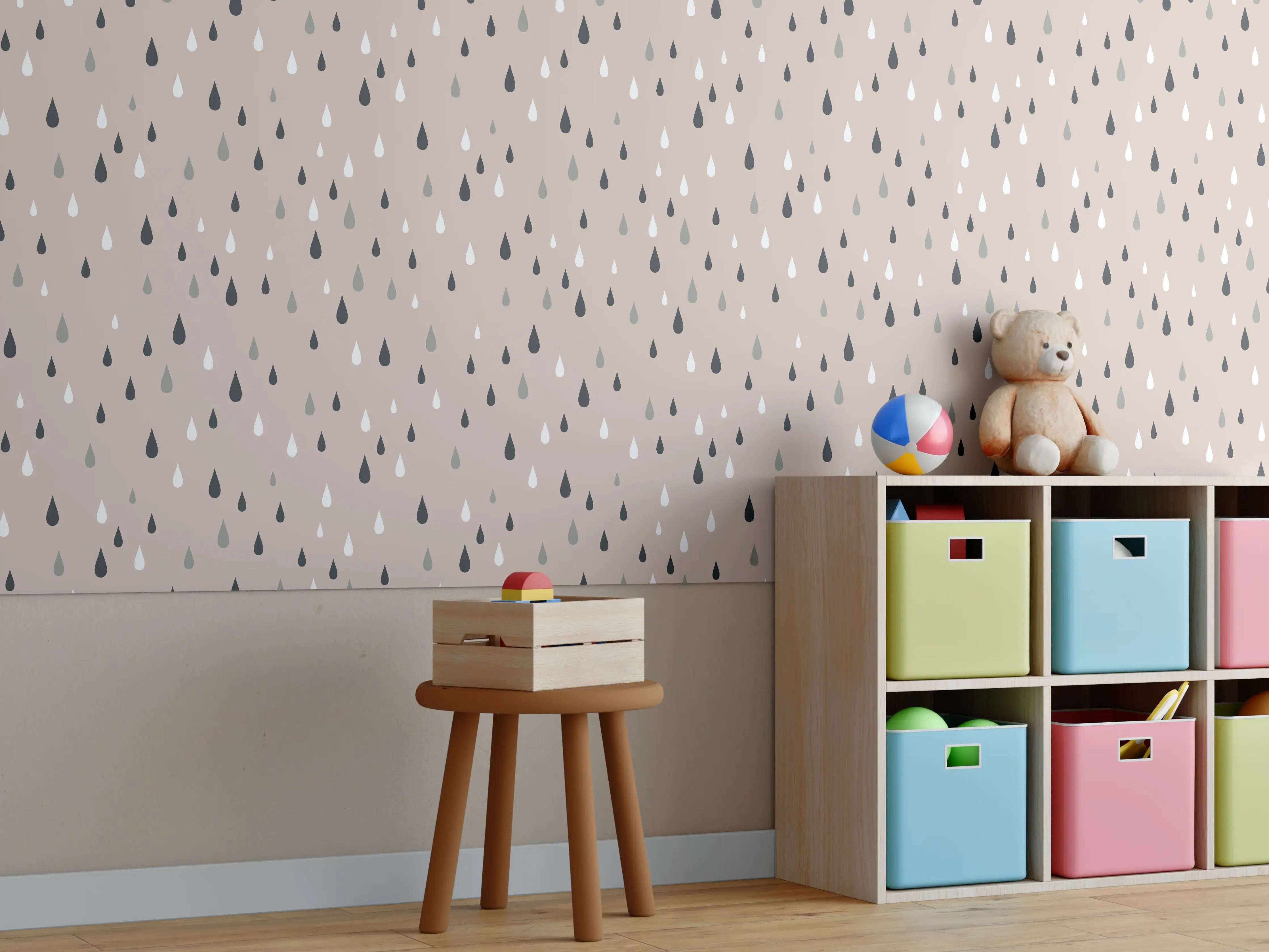 Kinderzimmer Wandgestaltung - Beige Wand mit schwarzen und weißen Regentropfen