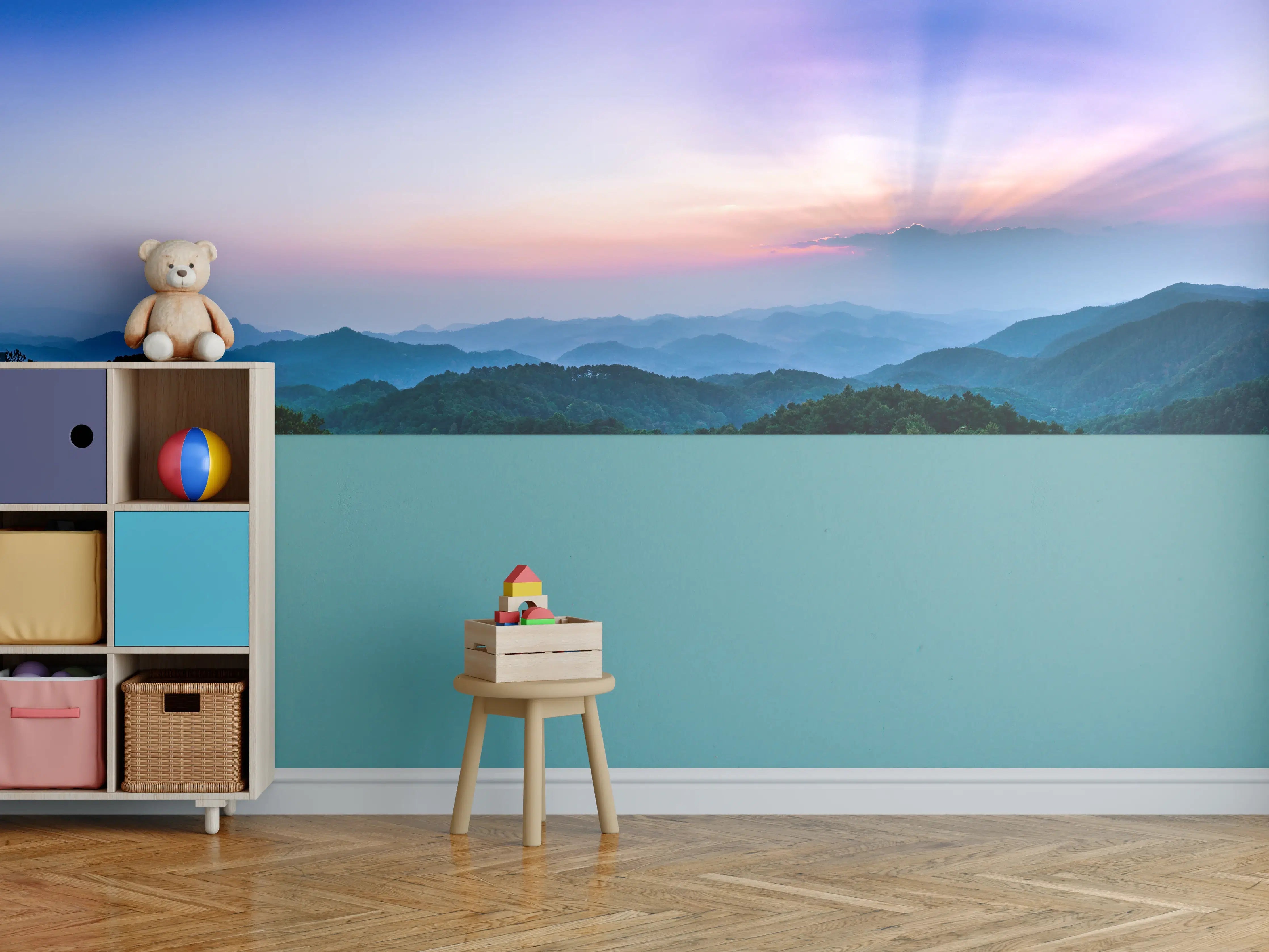 Kinderzimmer Wandgestaltung - Bergblick mit Sonnenstrahl