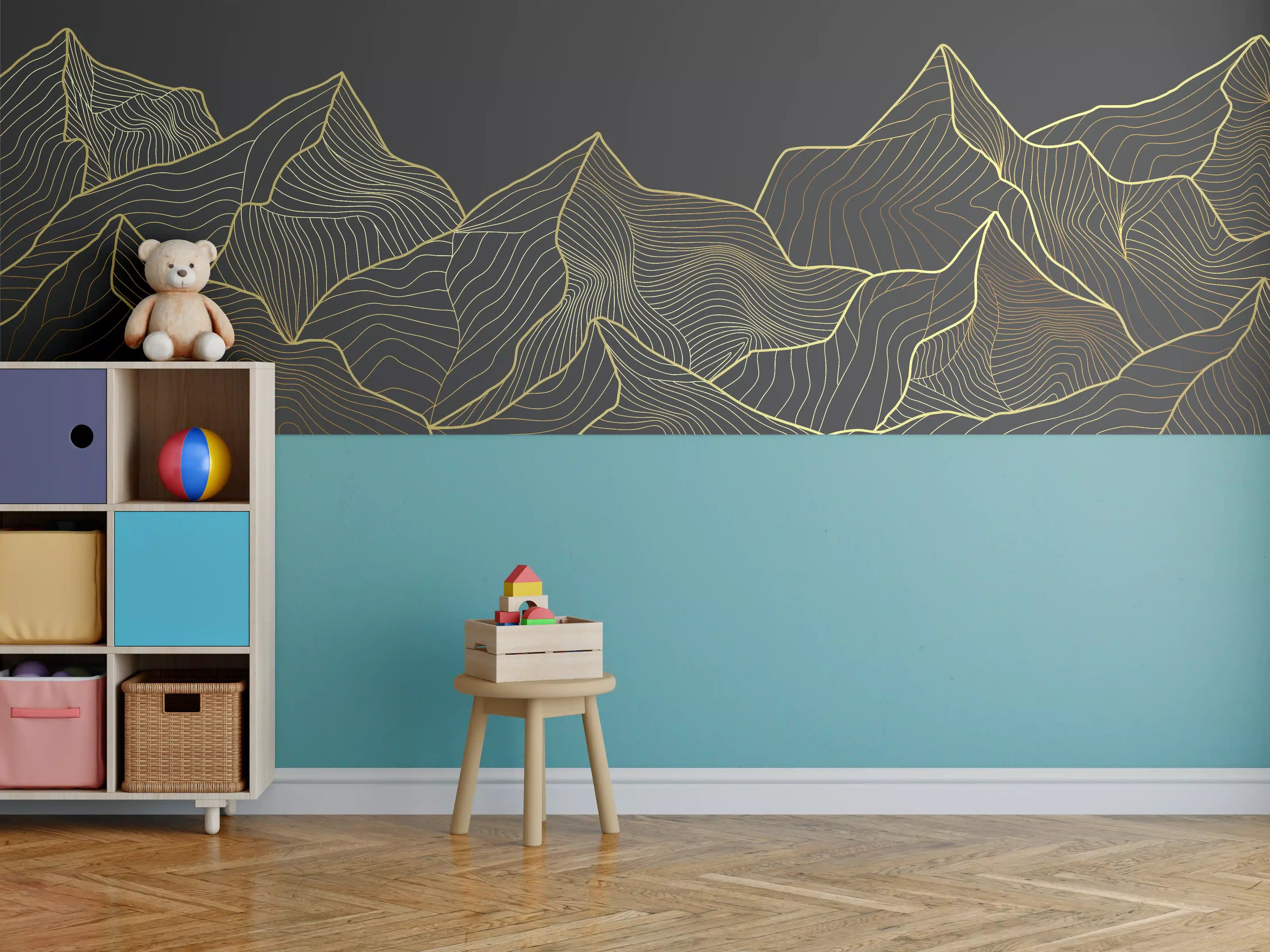 Kinderzimmer Wandgestaltung - Berglinien Gold Schwarz