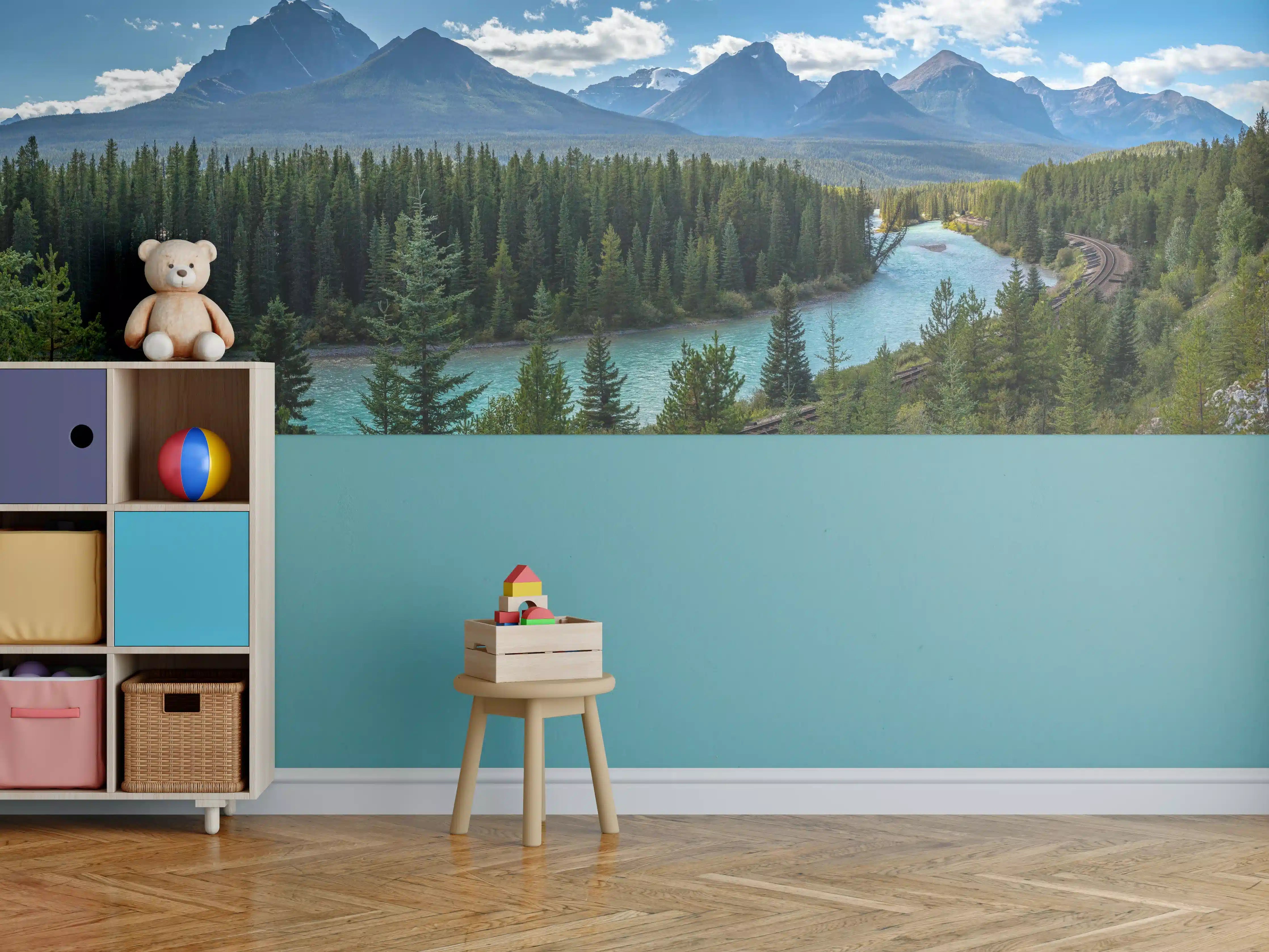 Kinderzimmer Wandgestaltung - Bergpanorama mit Fluss in Neuseeland