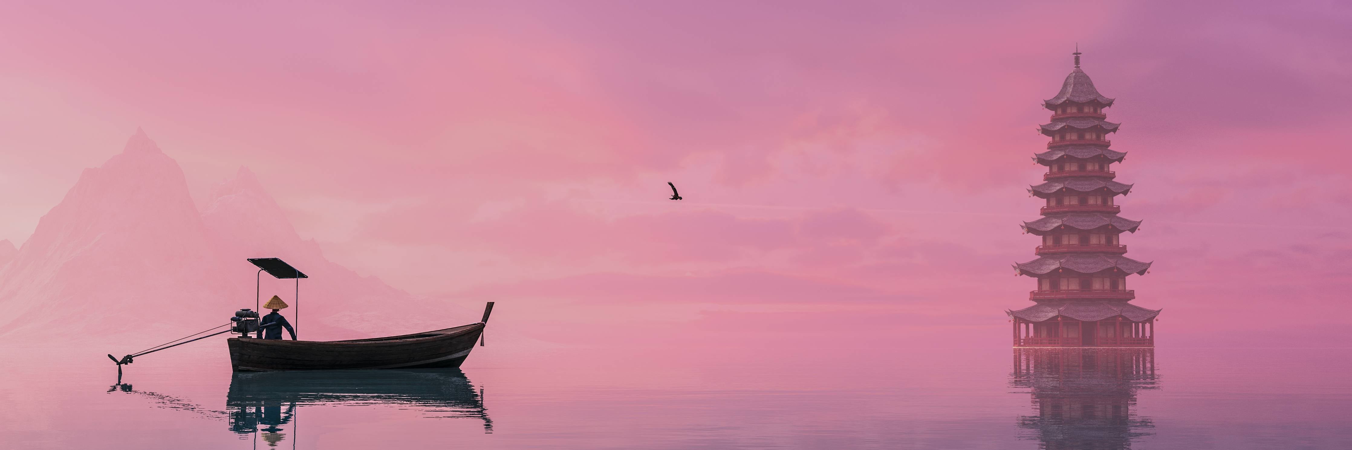 Kinderzimmer Wandgestaltung-Bergsee bei Sonnenuntergang mit Pagode