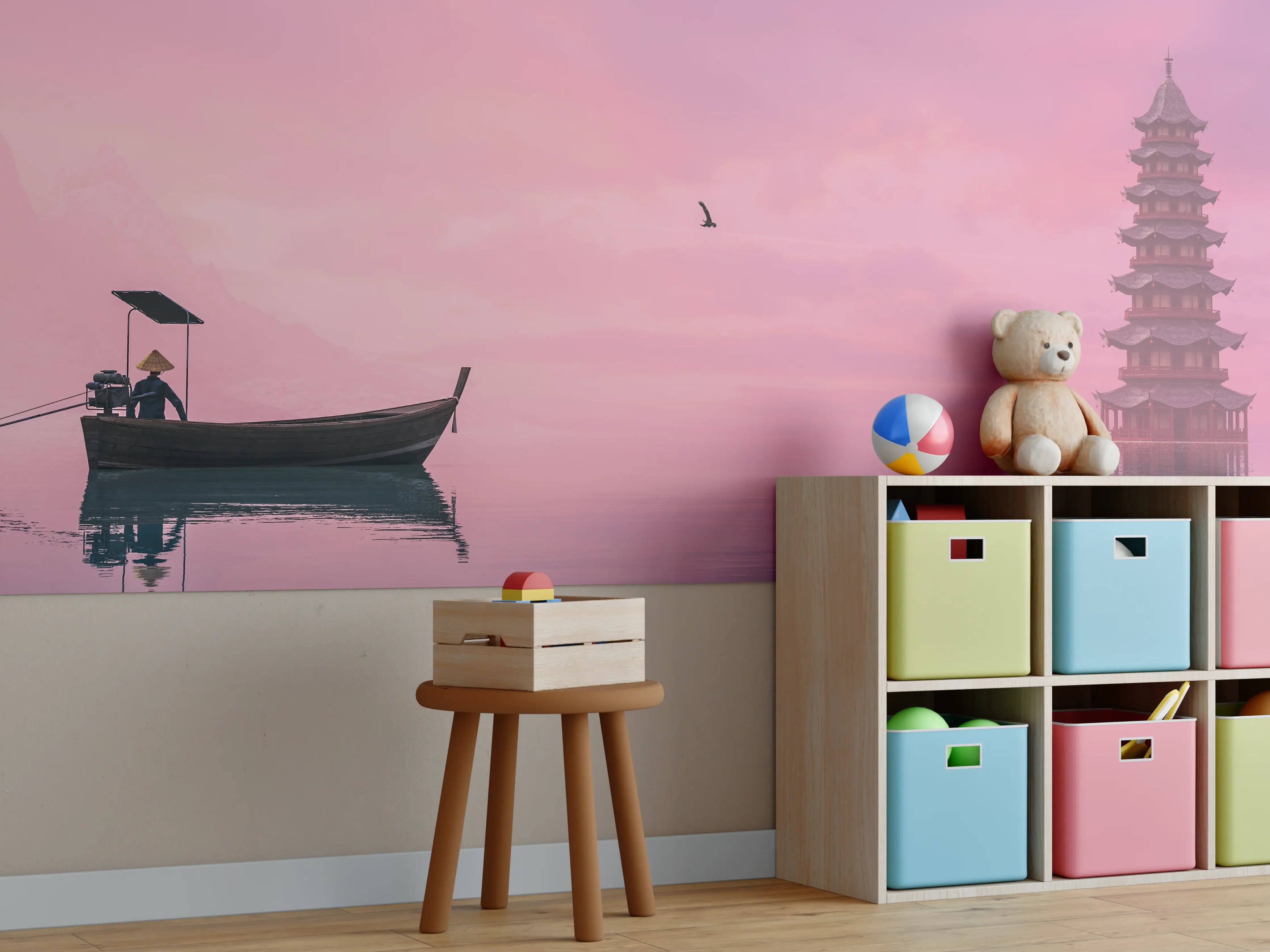 Kinderzimmer Wandgestaltung - Bergsee bei Sonnenuntergang mit Pagode