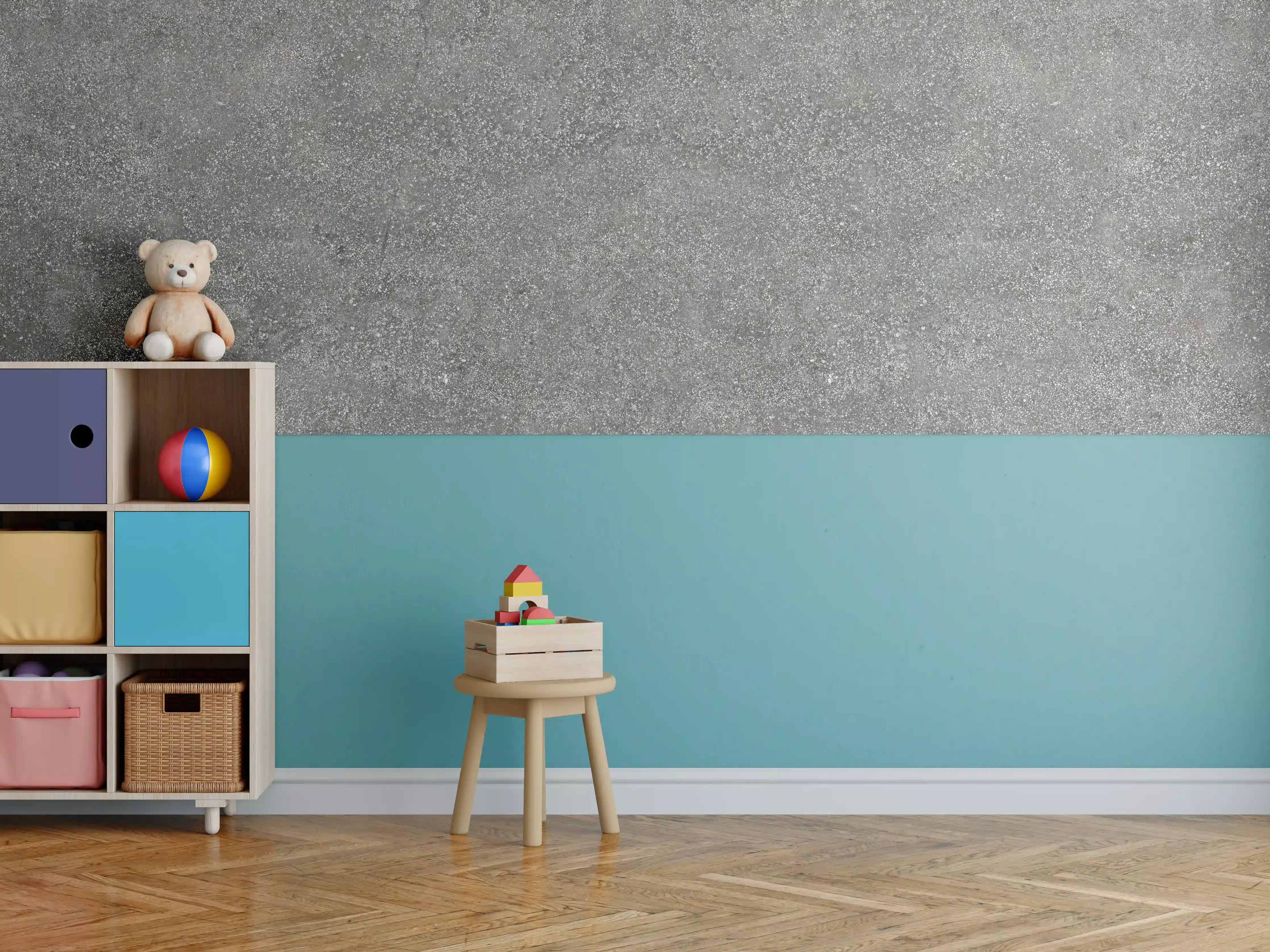 Kinderzimmer Wandgestaltung - Betonwand mit grauer Struktur und natürlicher Optik