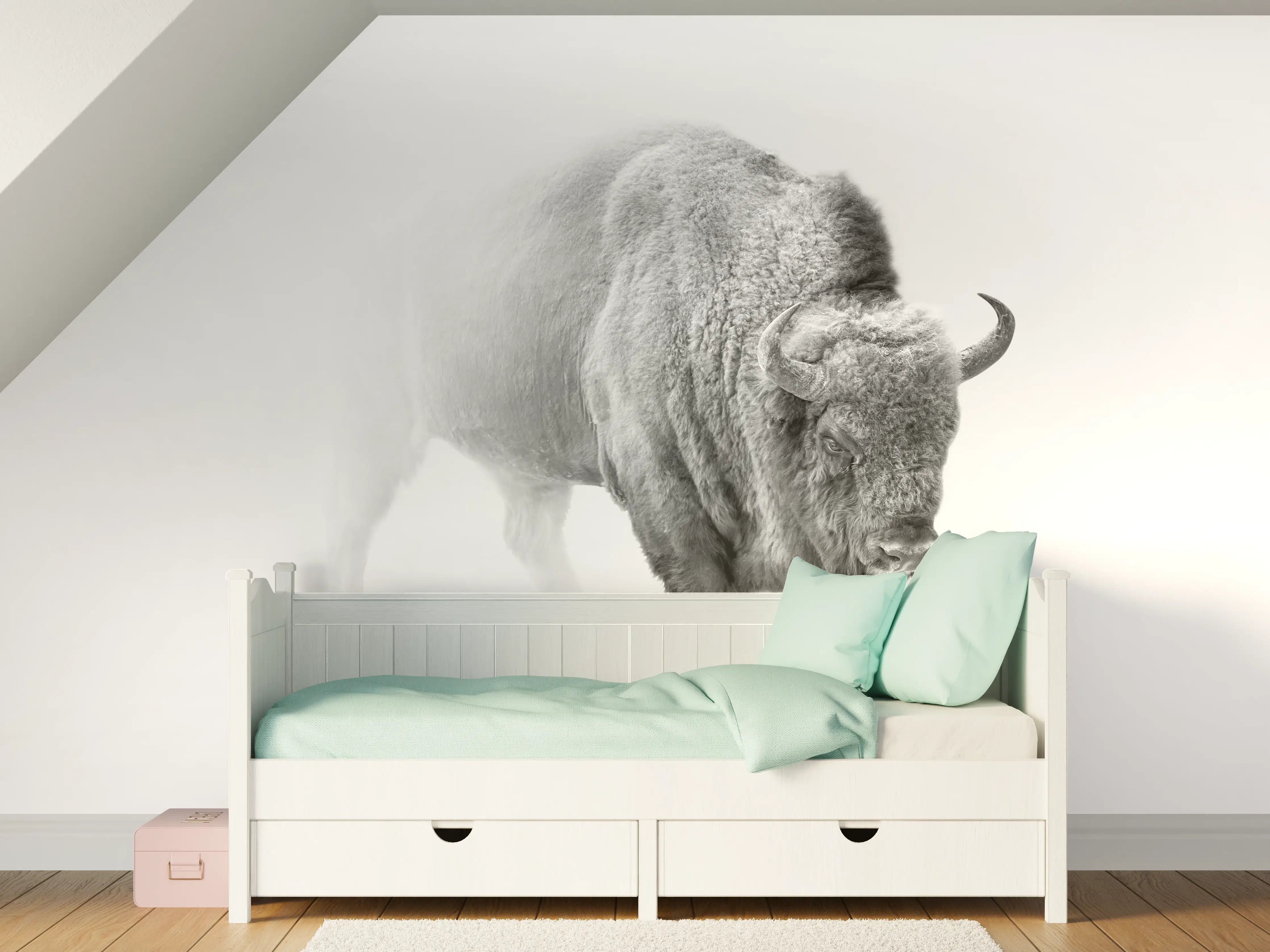 Kinderzimmer Wandgestaltung - Bison Graustufenbild