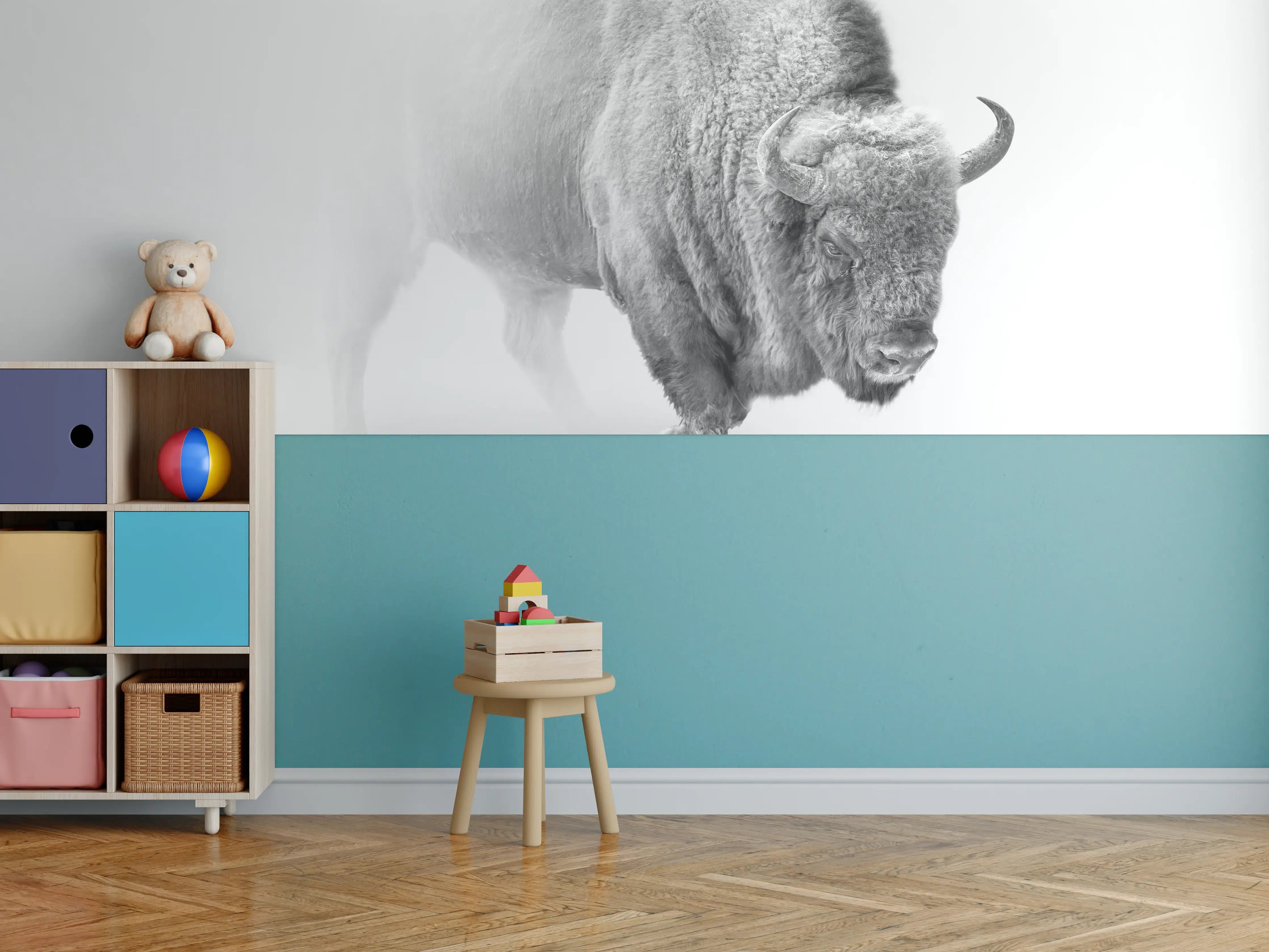 Kinderzimmer Wandgestaltung - Bison Graustufenbild