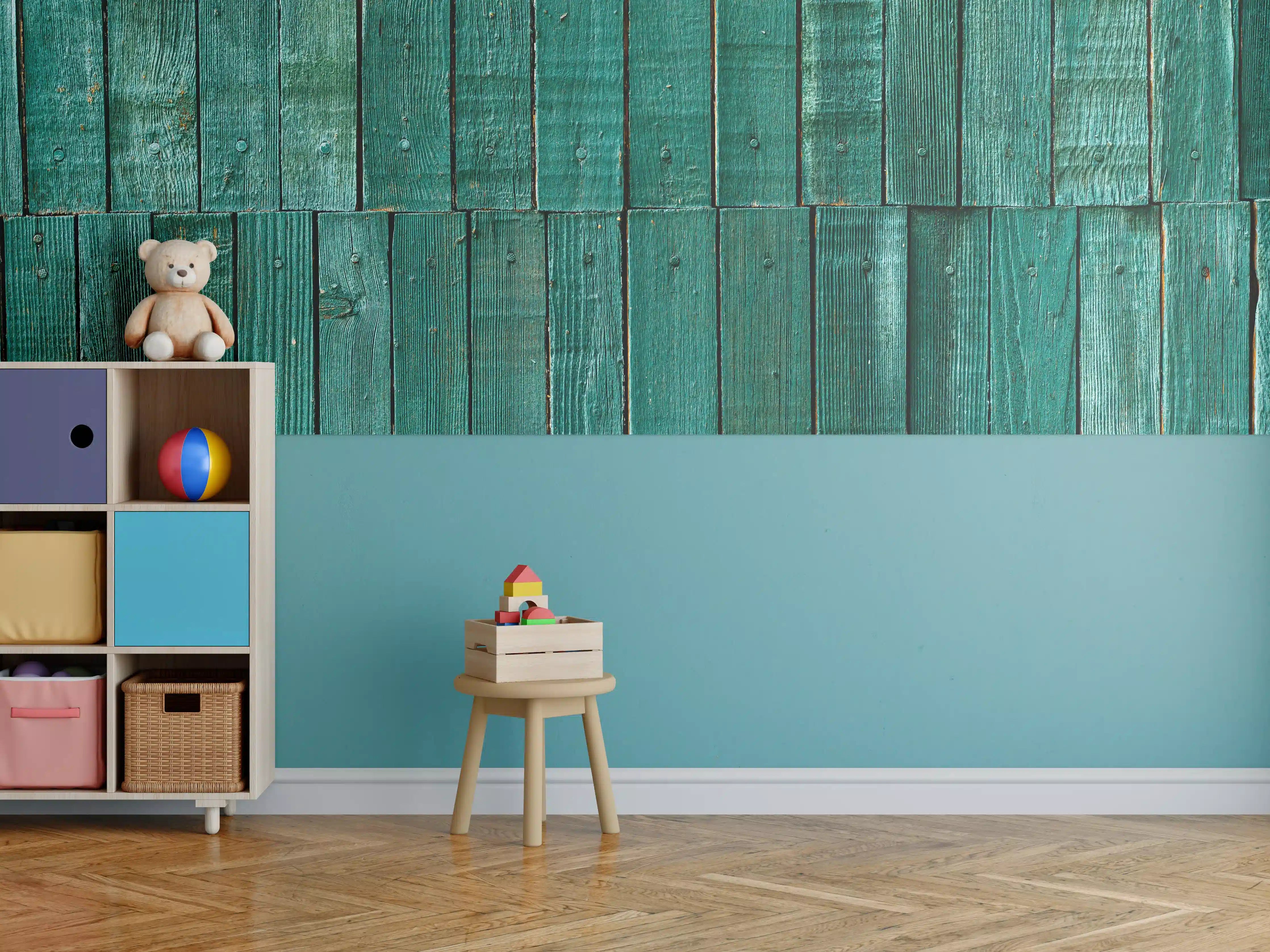 Kinderzimmer Wandgestaltung - Bläuliche Holzbretter