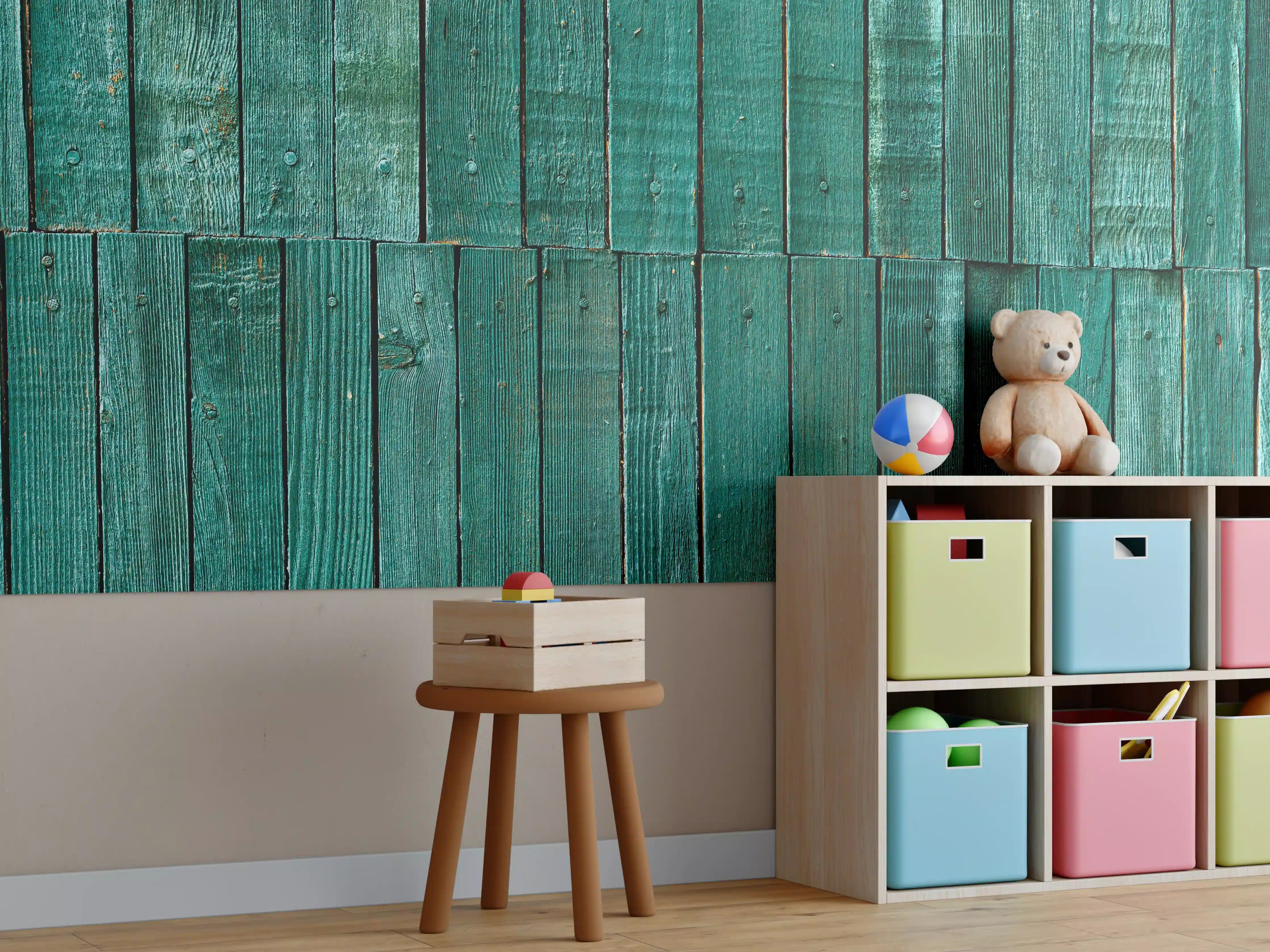 Kinderzimmer Wandgestaltung - Bläuliche Holzbretter