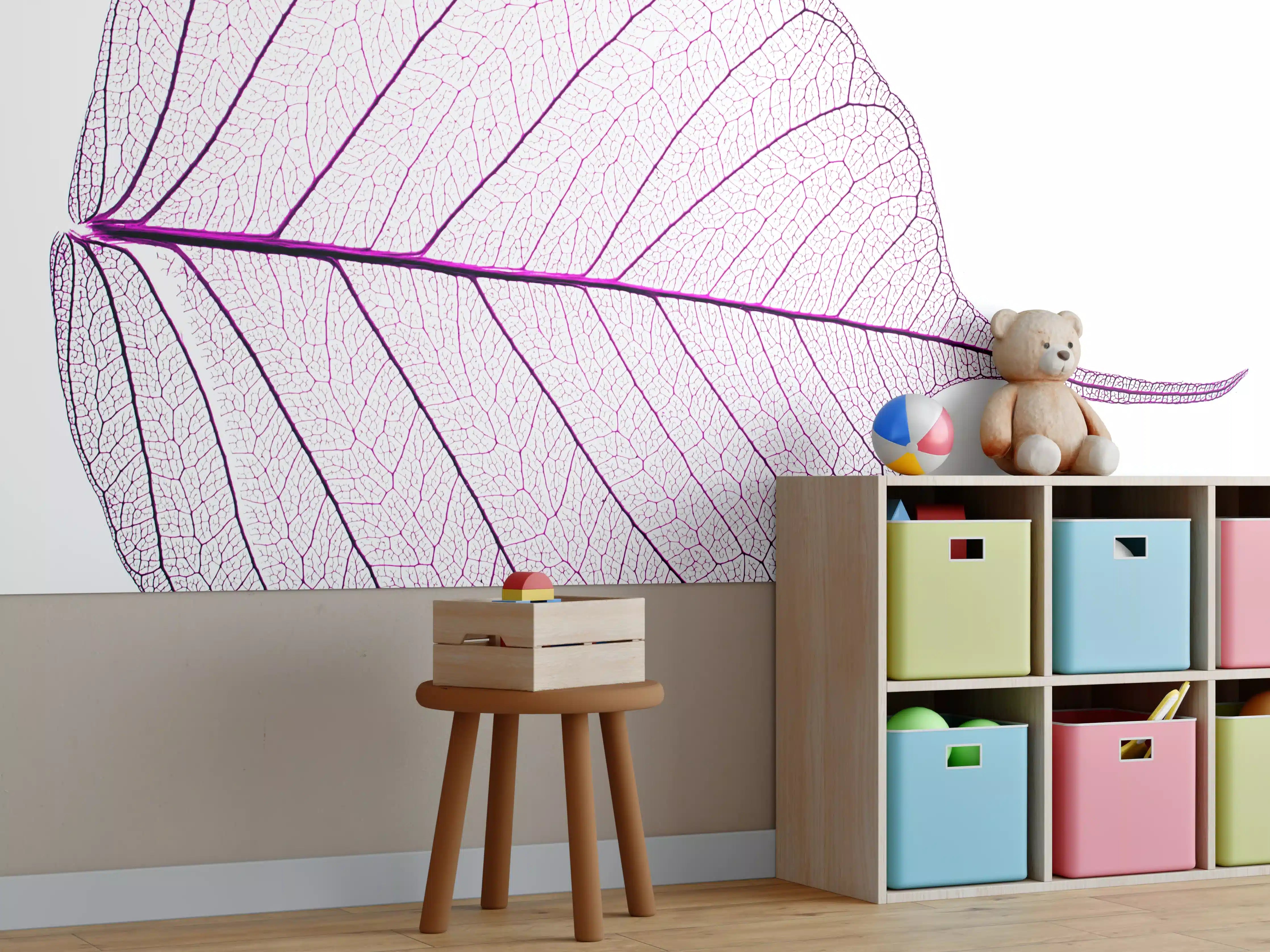 Kinderzimmer Wandgestaltung - Blattstruktur Weiß Lila Filigran