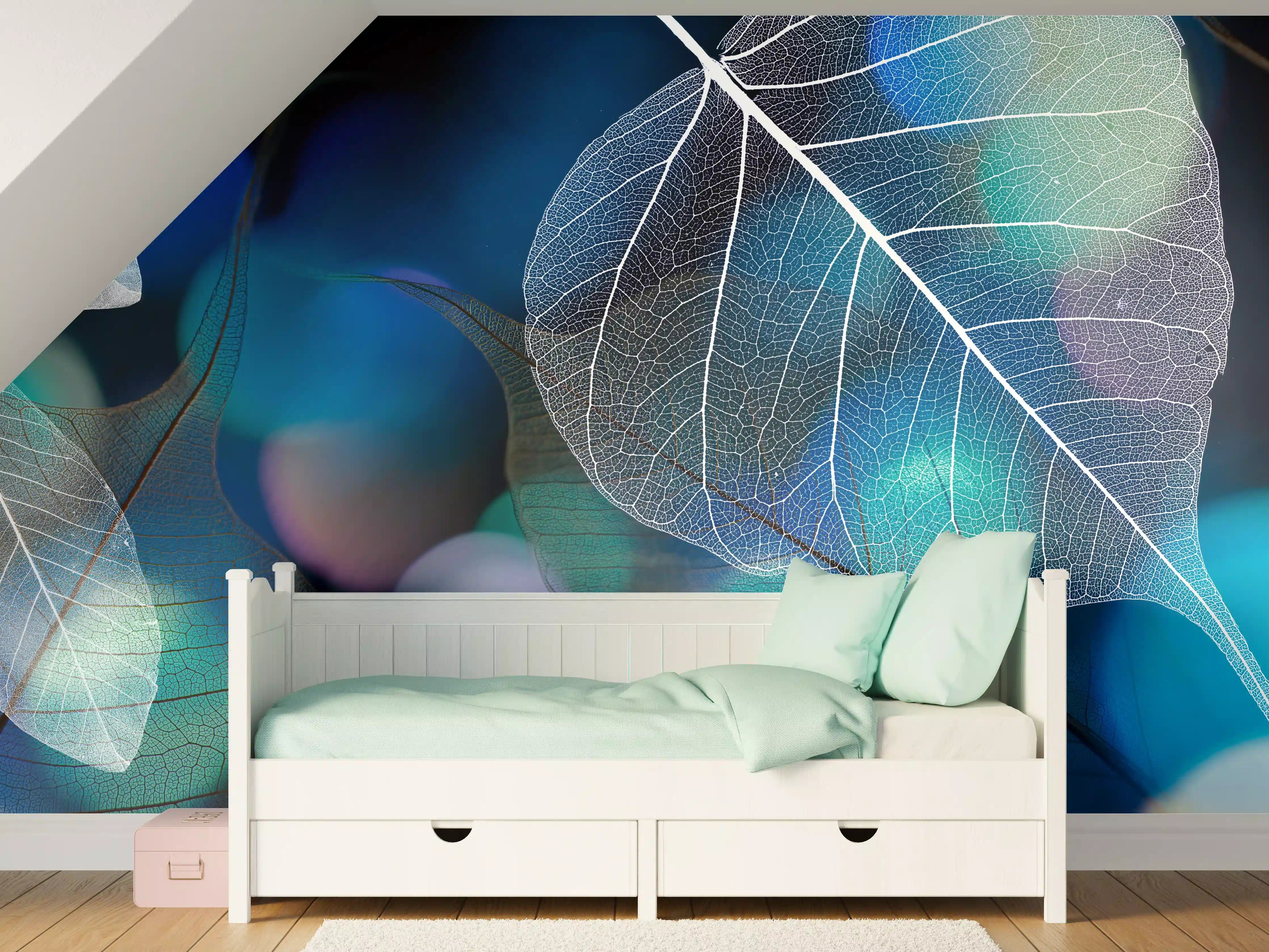 Kinderzimmer Wandgestaltung - Blattstruktur mit Lichtbokeh Effekt