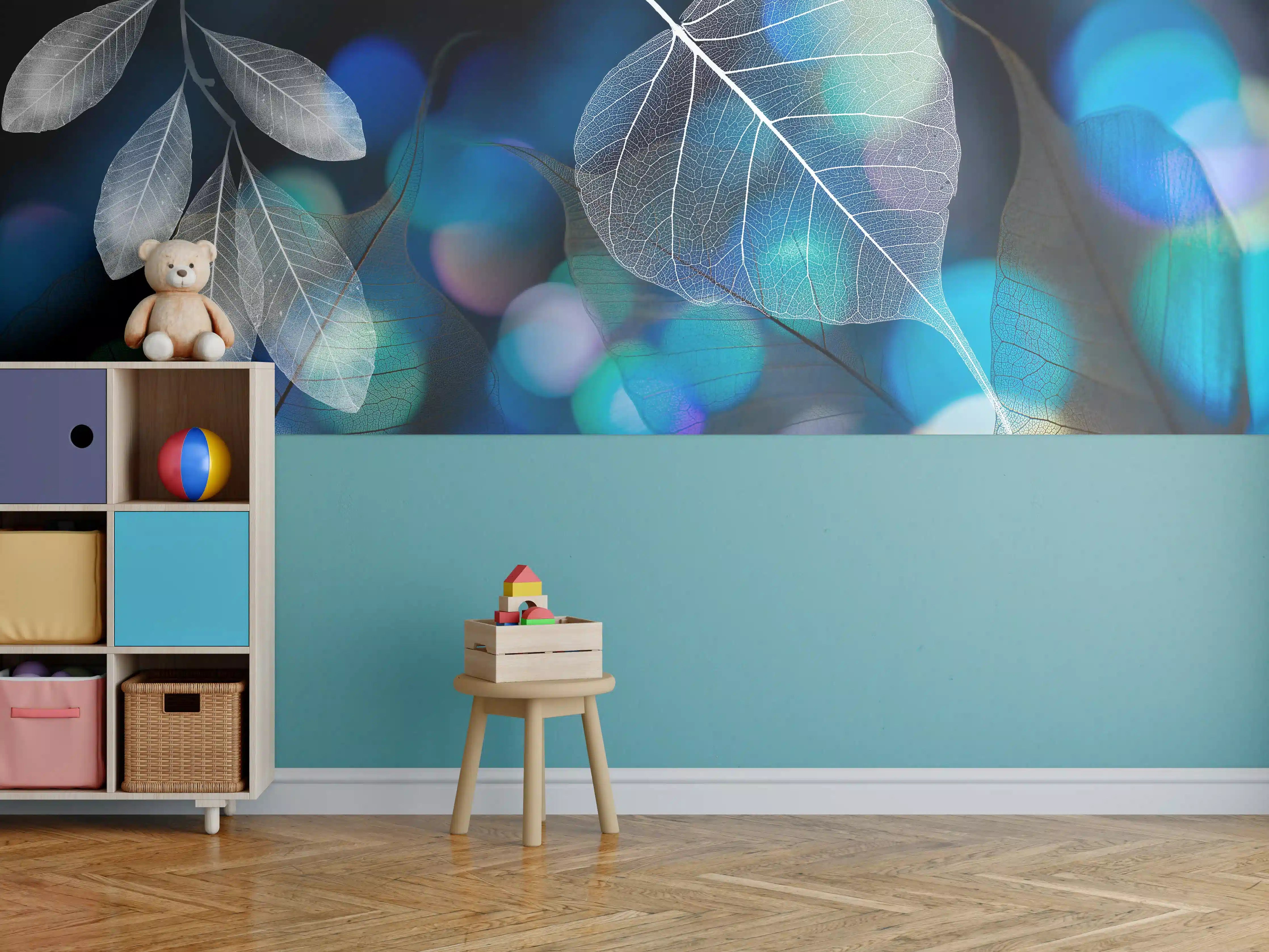 Kinderzimmer Wandgestaltung - Blattstruktur mit Lichtbokeh Effekt