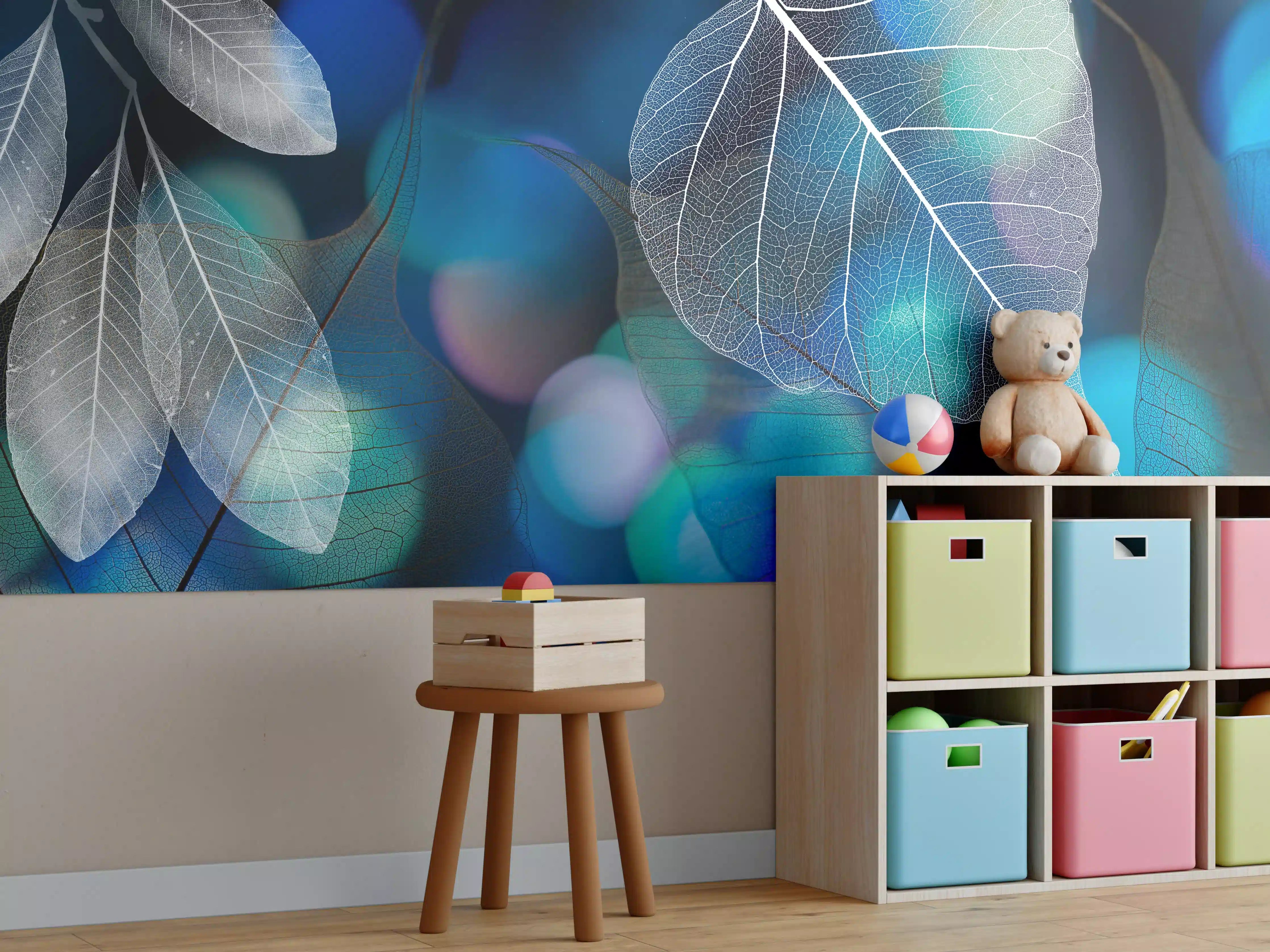 Kinderzimmer Wandgestaltung - Blattstruktur mit Lichtbokeh Effekt