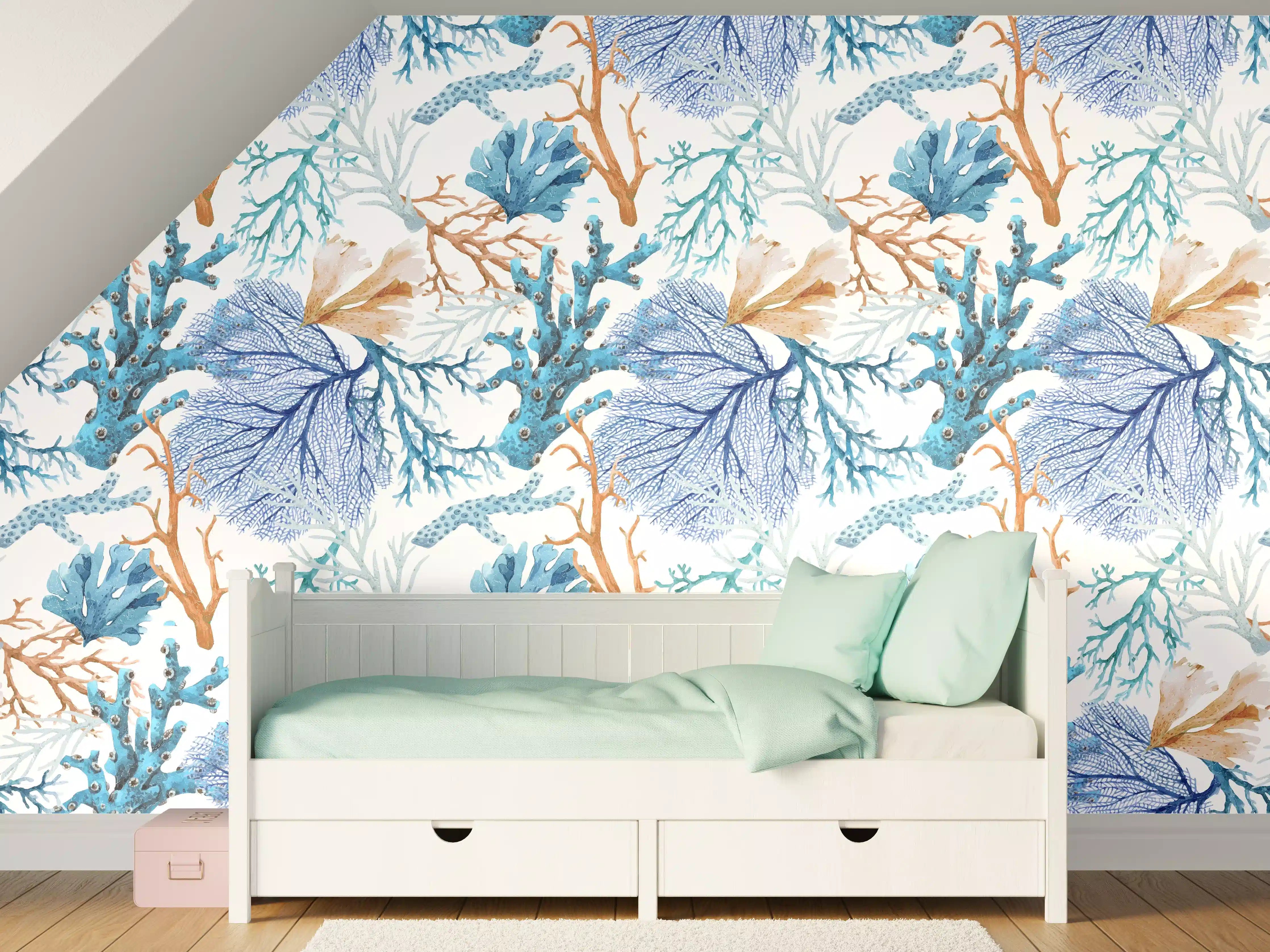 Kinderzimmer Wandgestaltung - Blau-Beige Korallenmuster