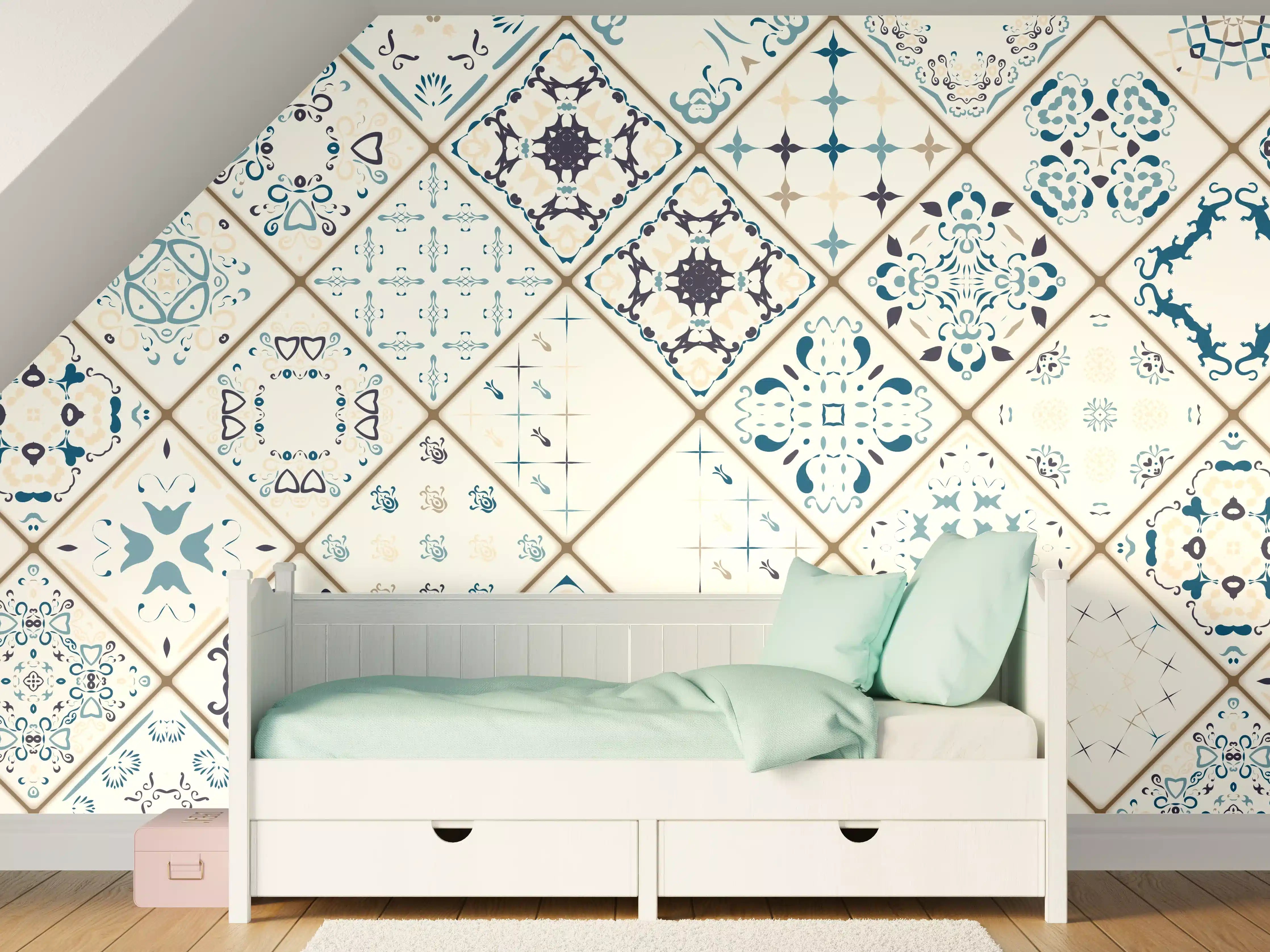 Kinderzimmer Wandgestaltung - Blau-Beige Retro Fliesendesign