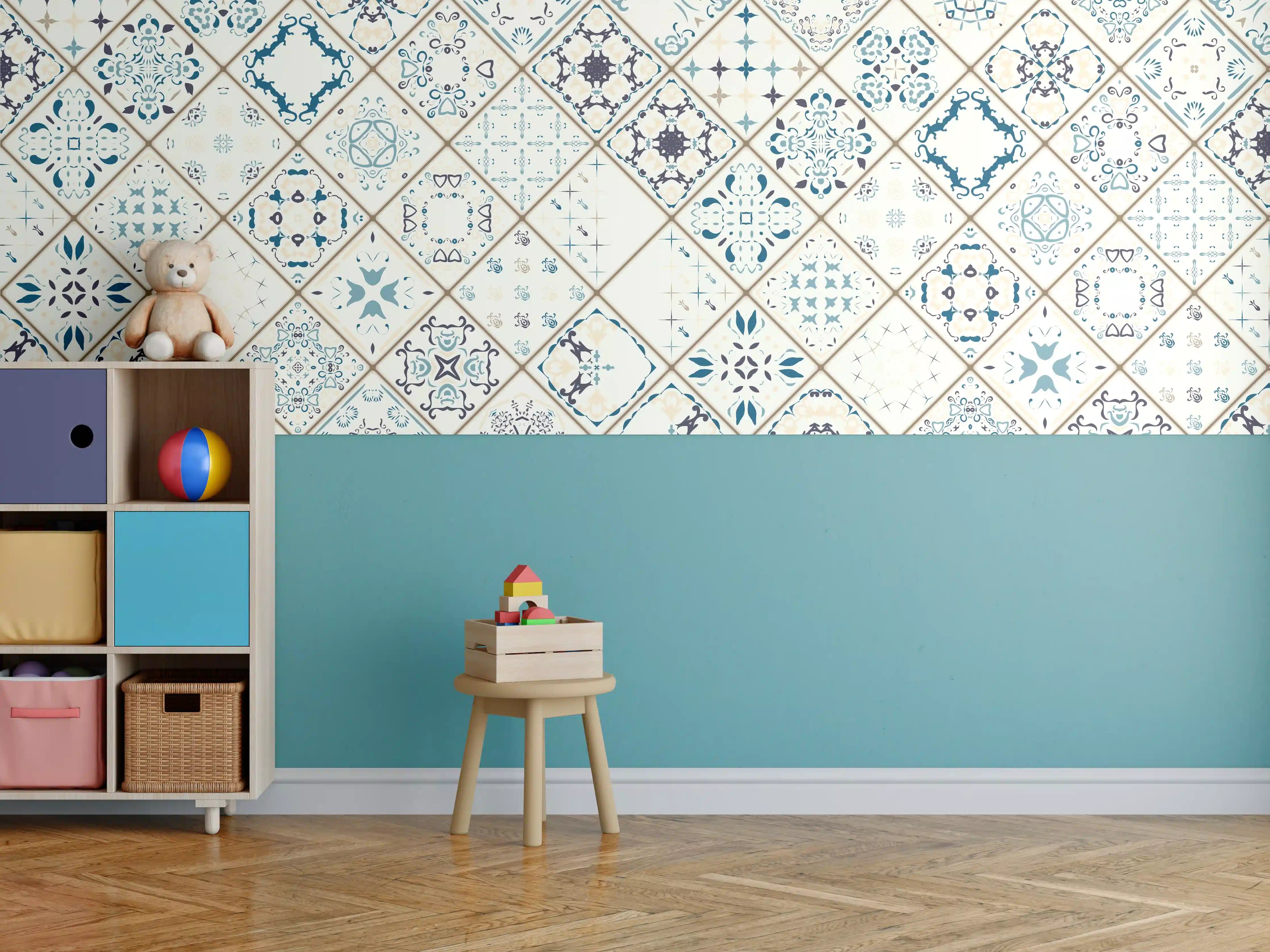 Kinderzimmer Wandgestaltung - Blau-Beige Retro Fliesendesign