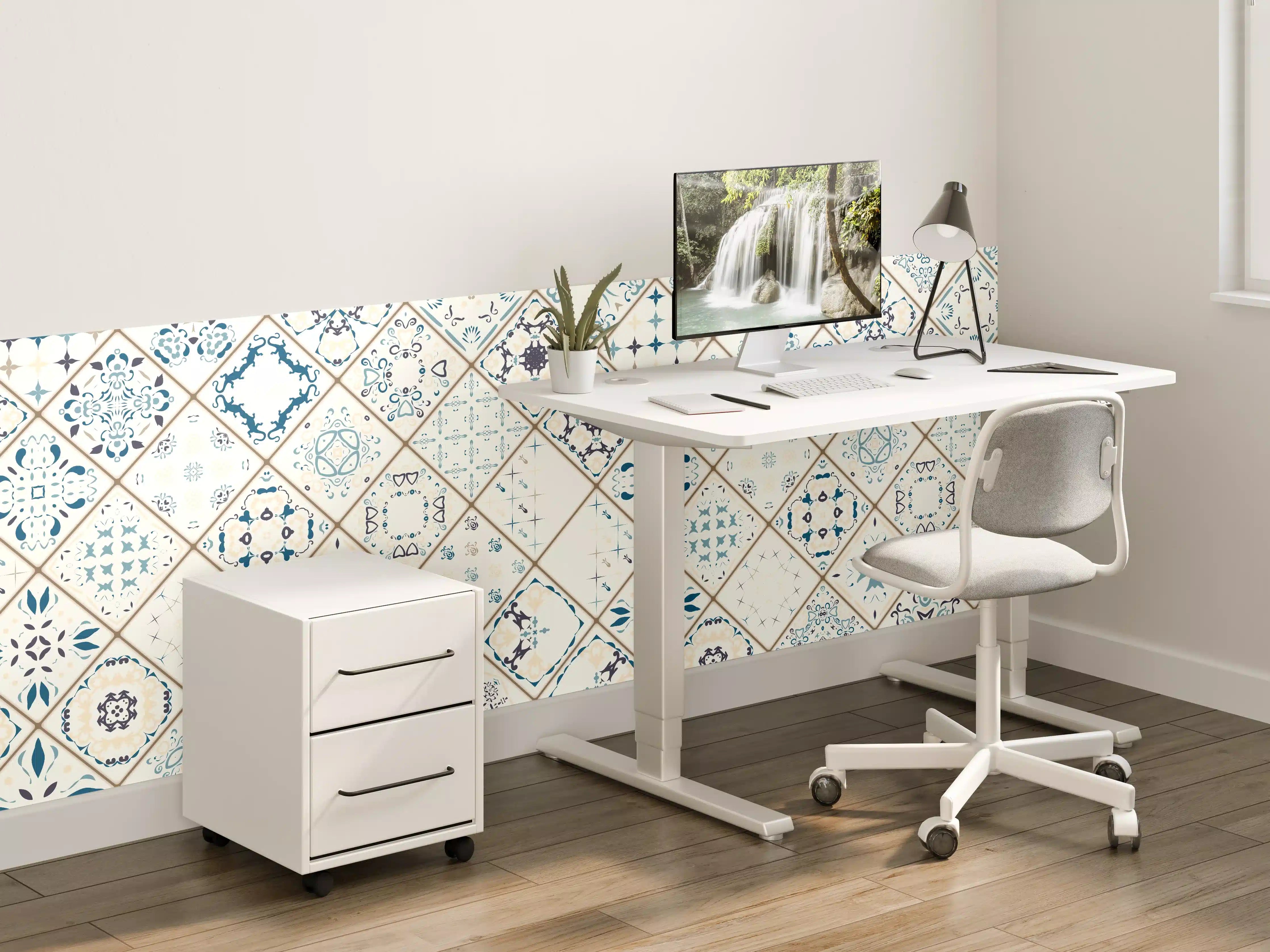 Kinderzimmer Wandgestaltung - Blau-Beige Retro Fliesendesign
