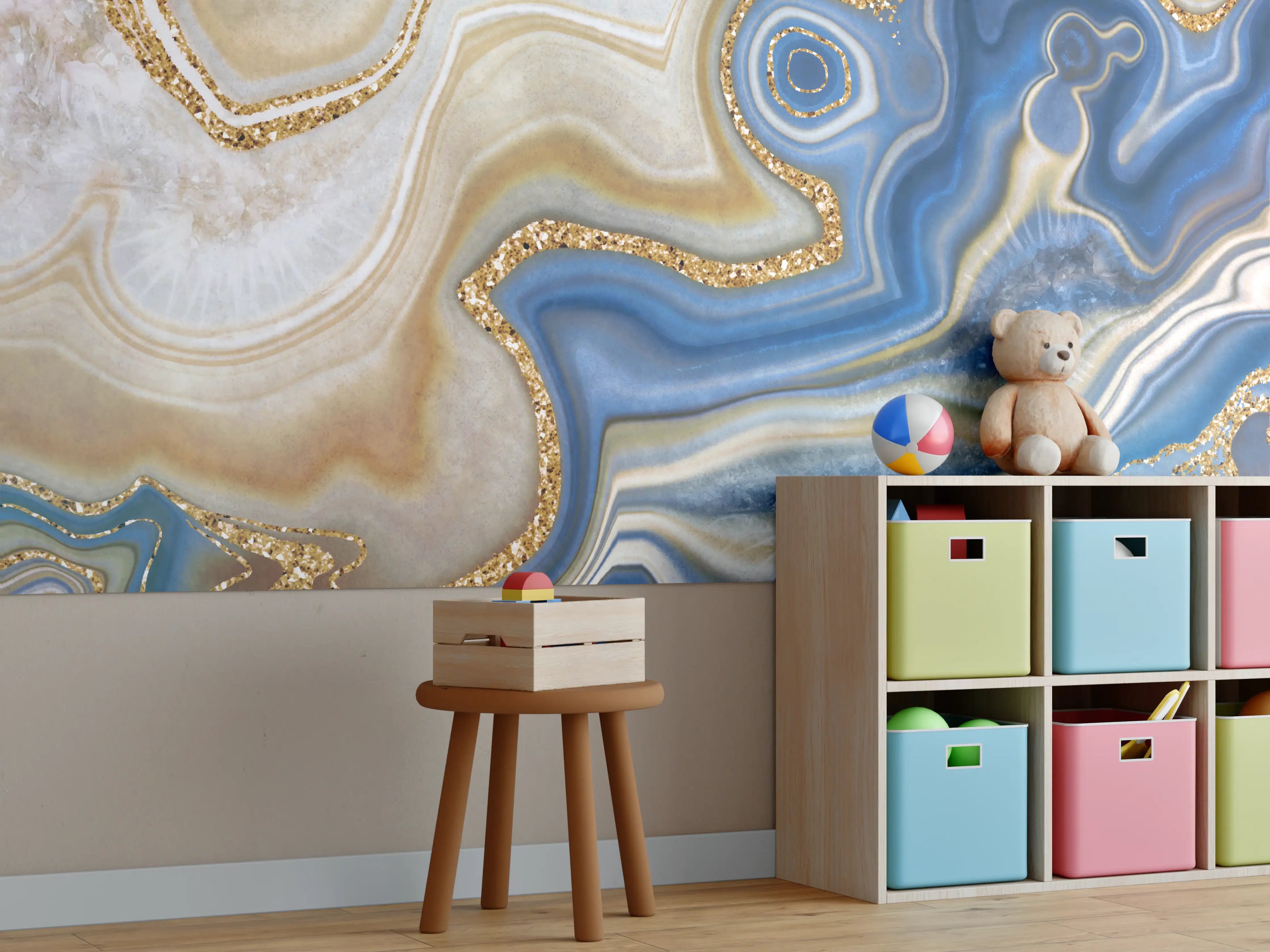 Kinderzimmer Wandgestaltung - Blau-Goldene Marmorstruktur mit feinen Details