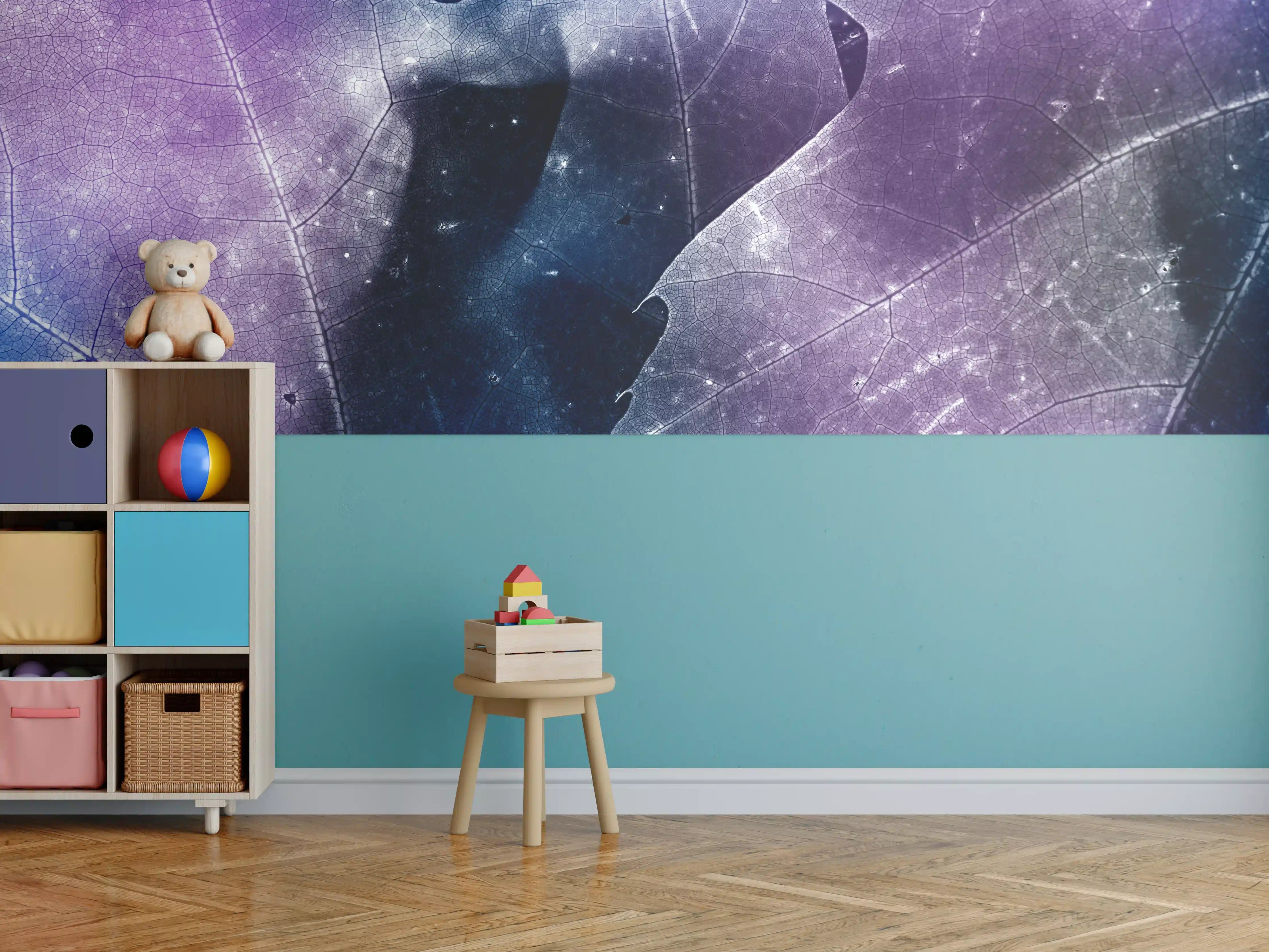 Kinderzimmer Wandgestaltung - Blau-Lila Blättertextur