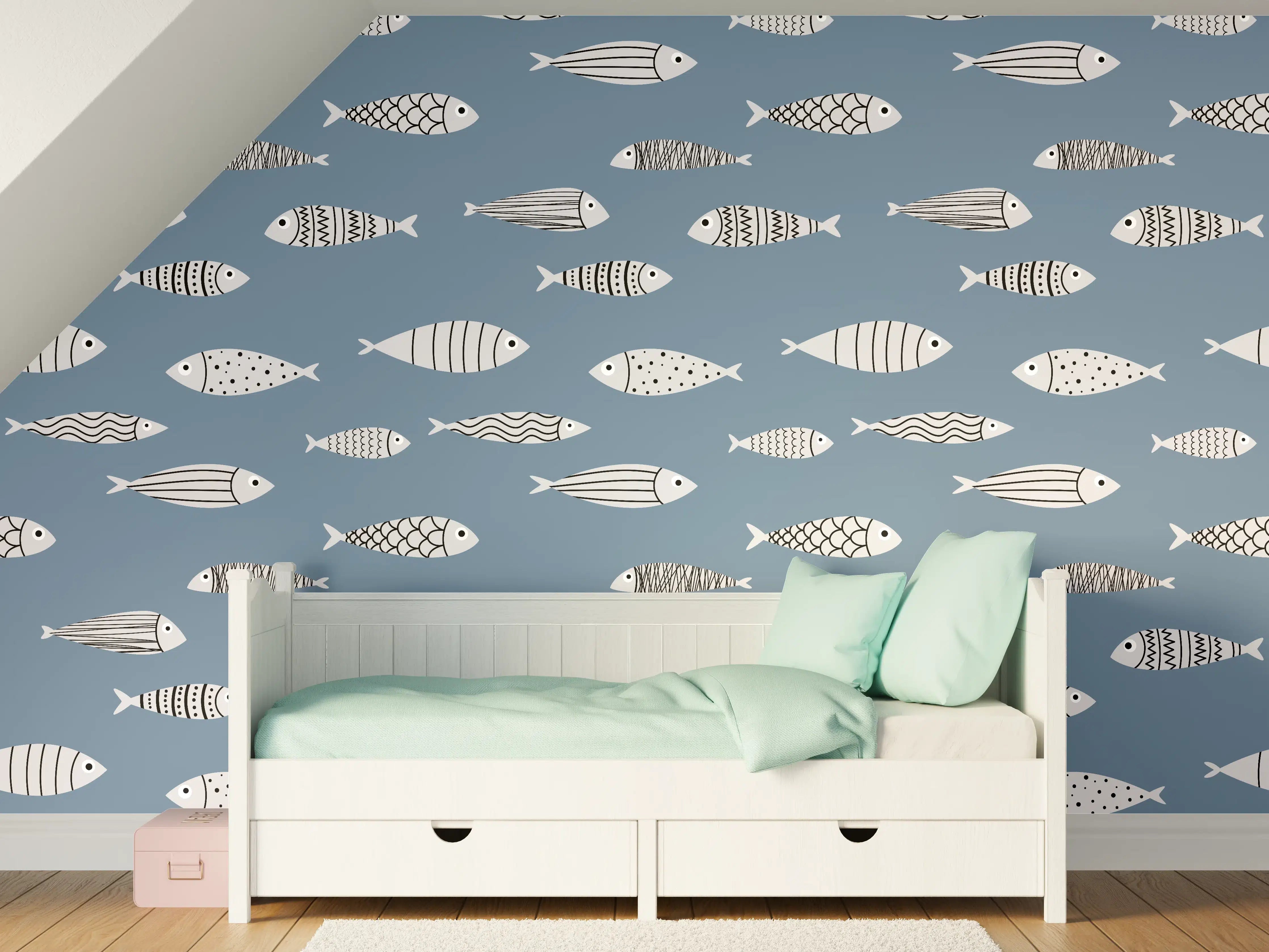 Kinderzimmer Wandgestaltung - Blau-Weiß Fischmuster