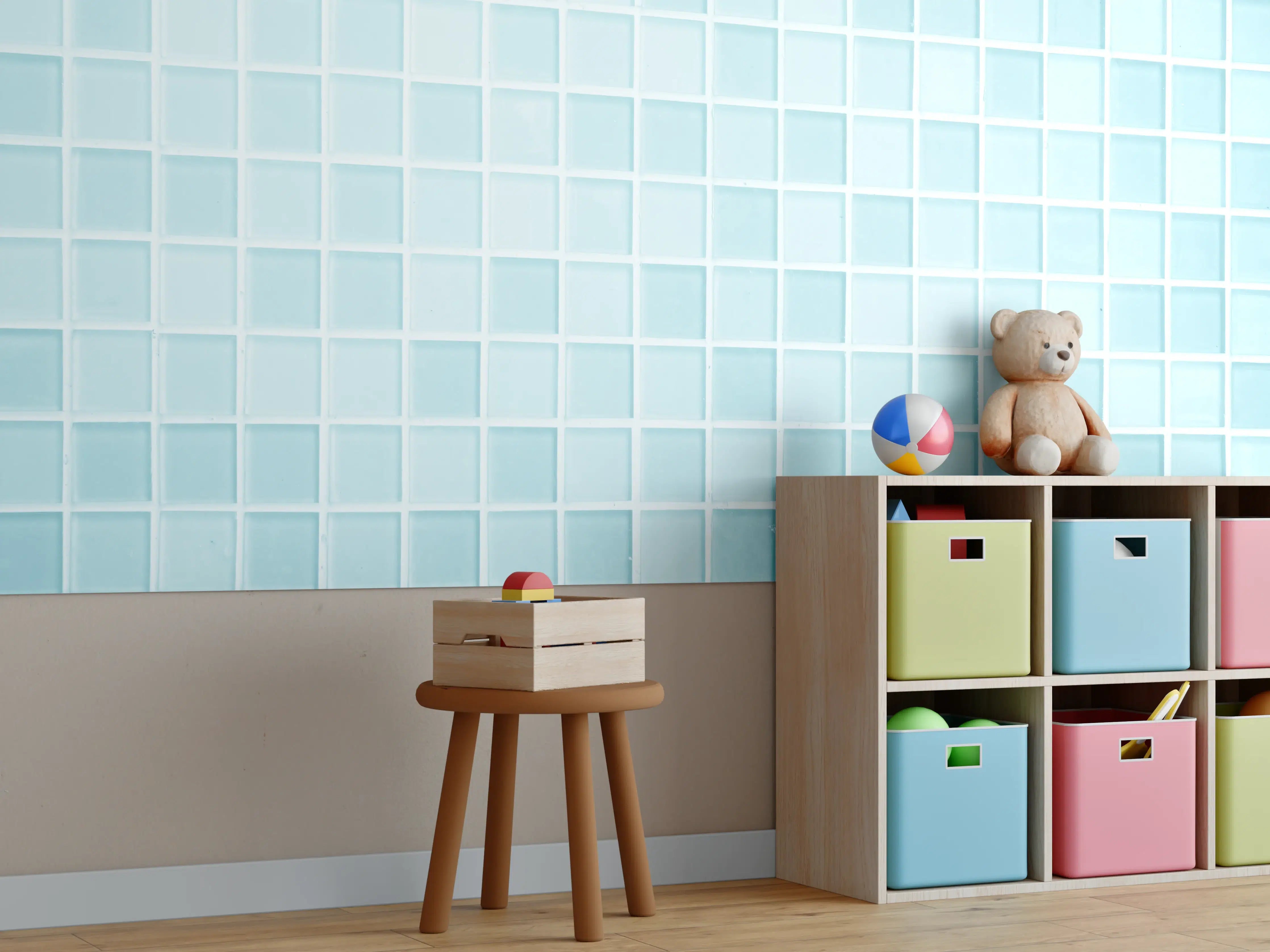 Kinderzimmer Wandgestaltung - Blau-Weiße Keramikfliesen