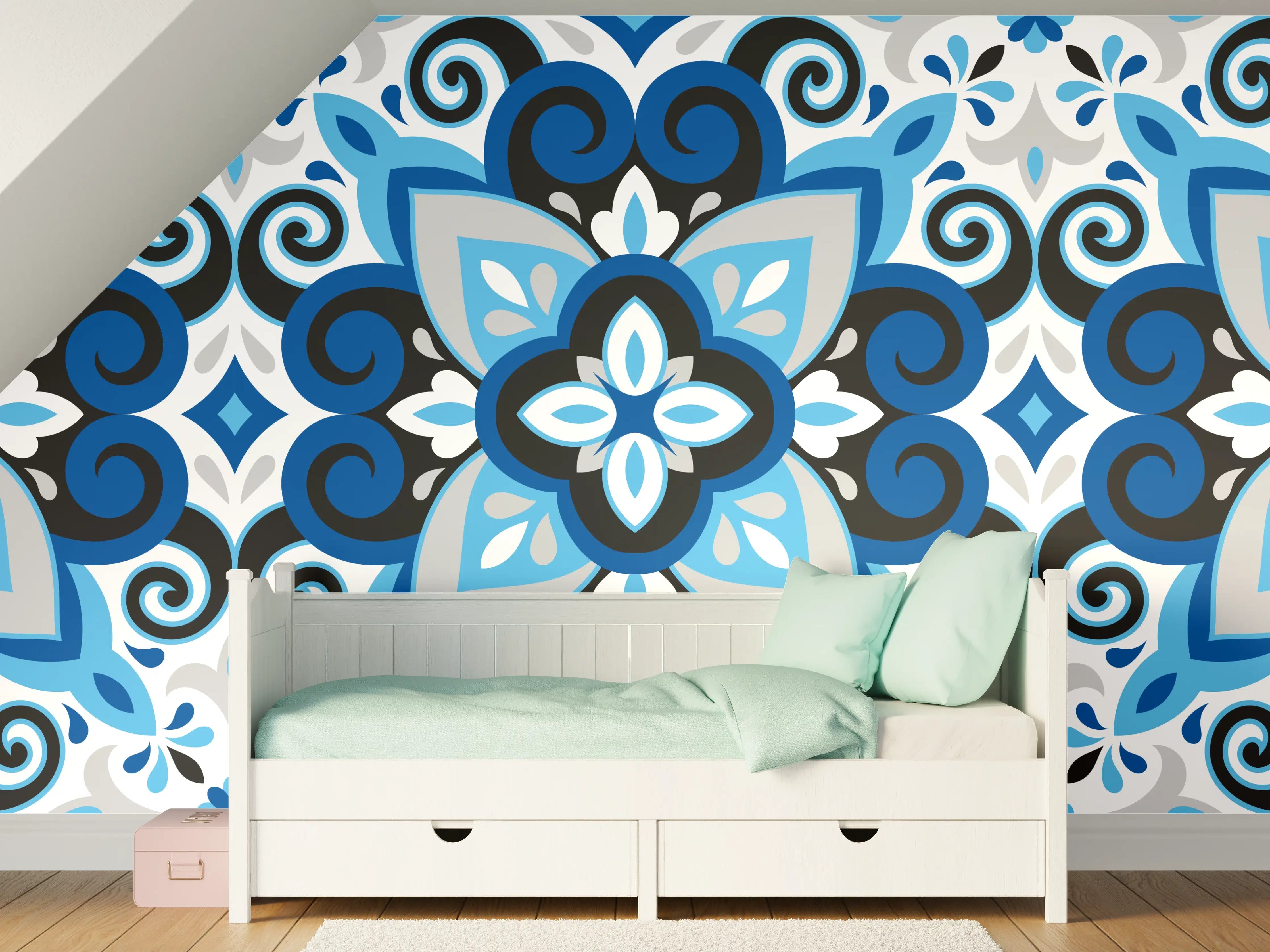 Kinderzimmer Wandgestaltung - Blau-Weißes Mandala Fliesenmuster