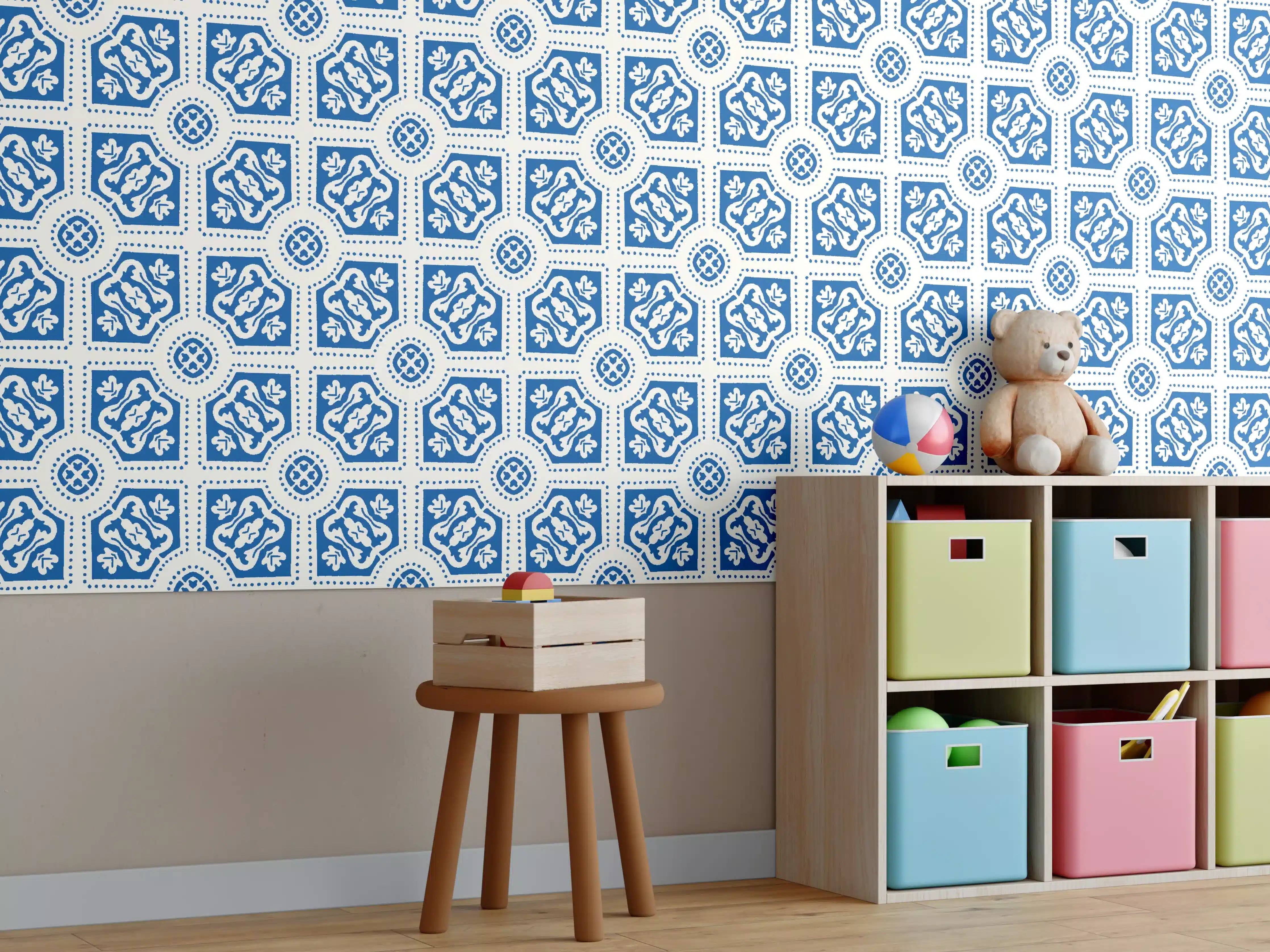 Kinderzimmer Wandgestaltung - Blau-Weißes geometrisches Muster mit zarten Grautönen