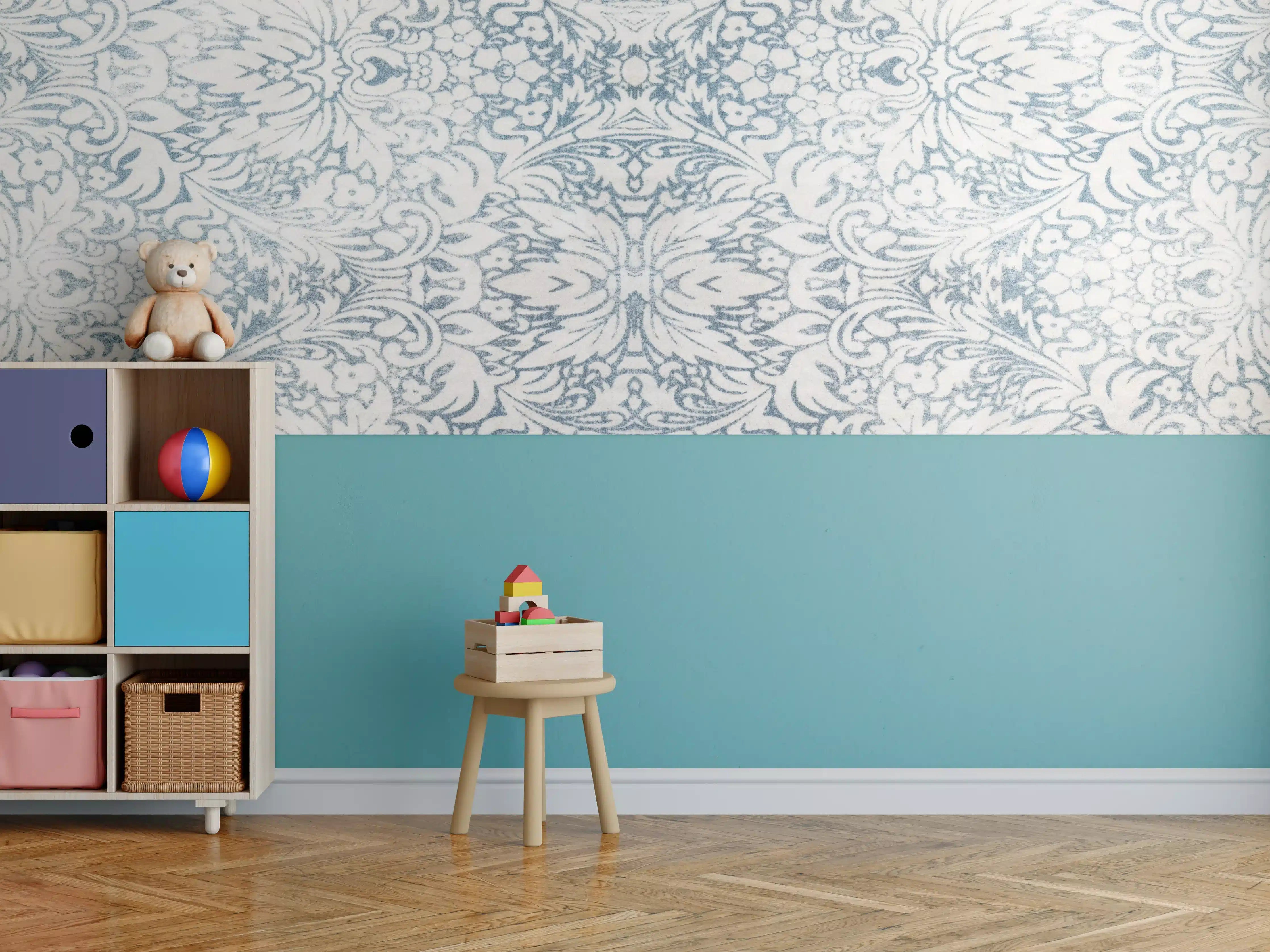 Kinderzimmer Wandgestaltung - Blau-weiße Ornamentmuster-Fläche