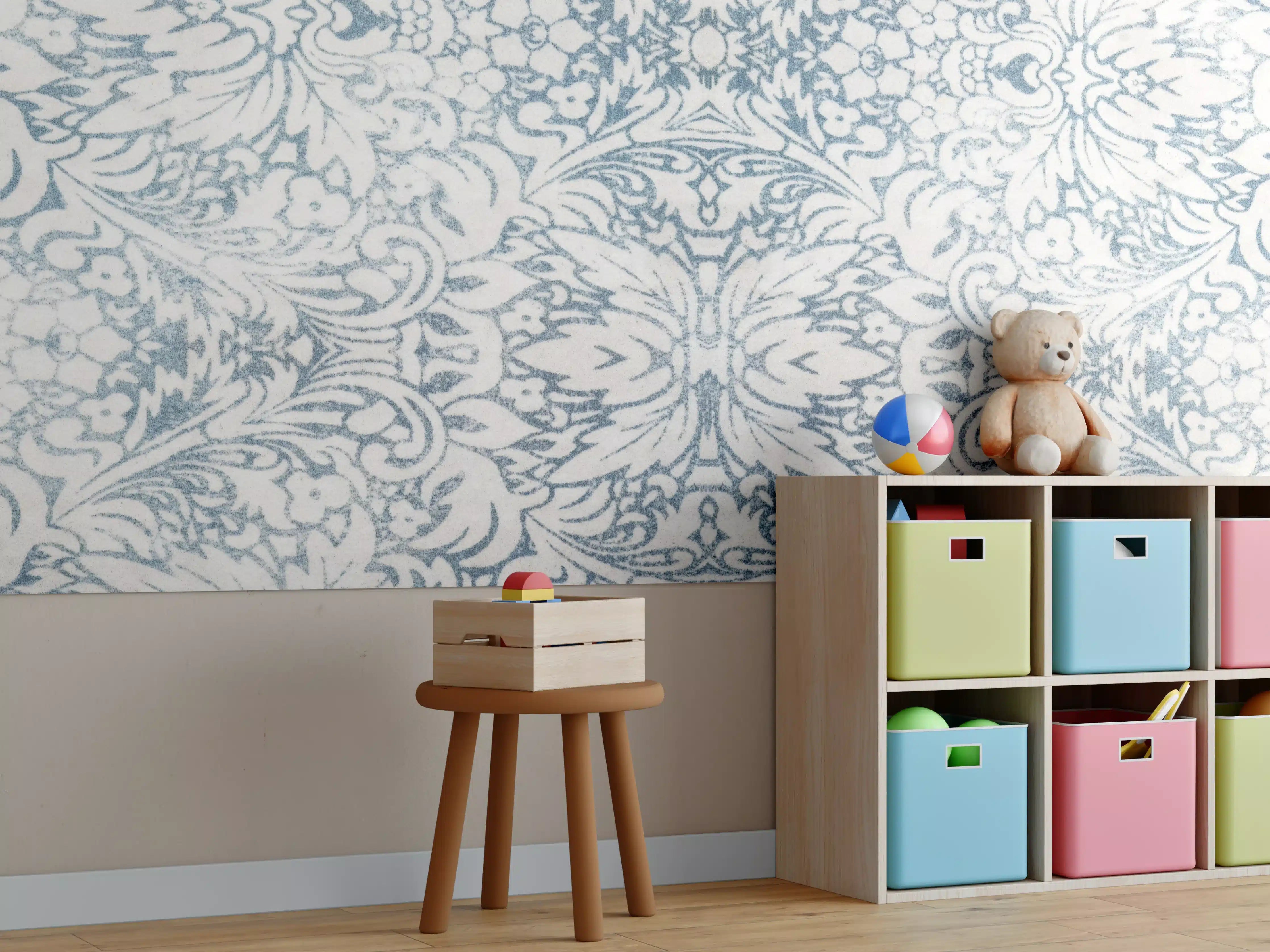 Kinderzimmer Wandgestaltung - Blau-weiße Ornamentmuster-Fläche