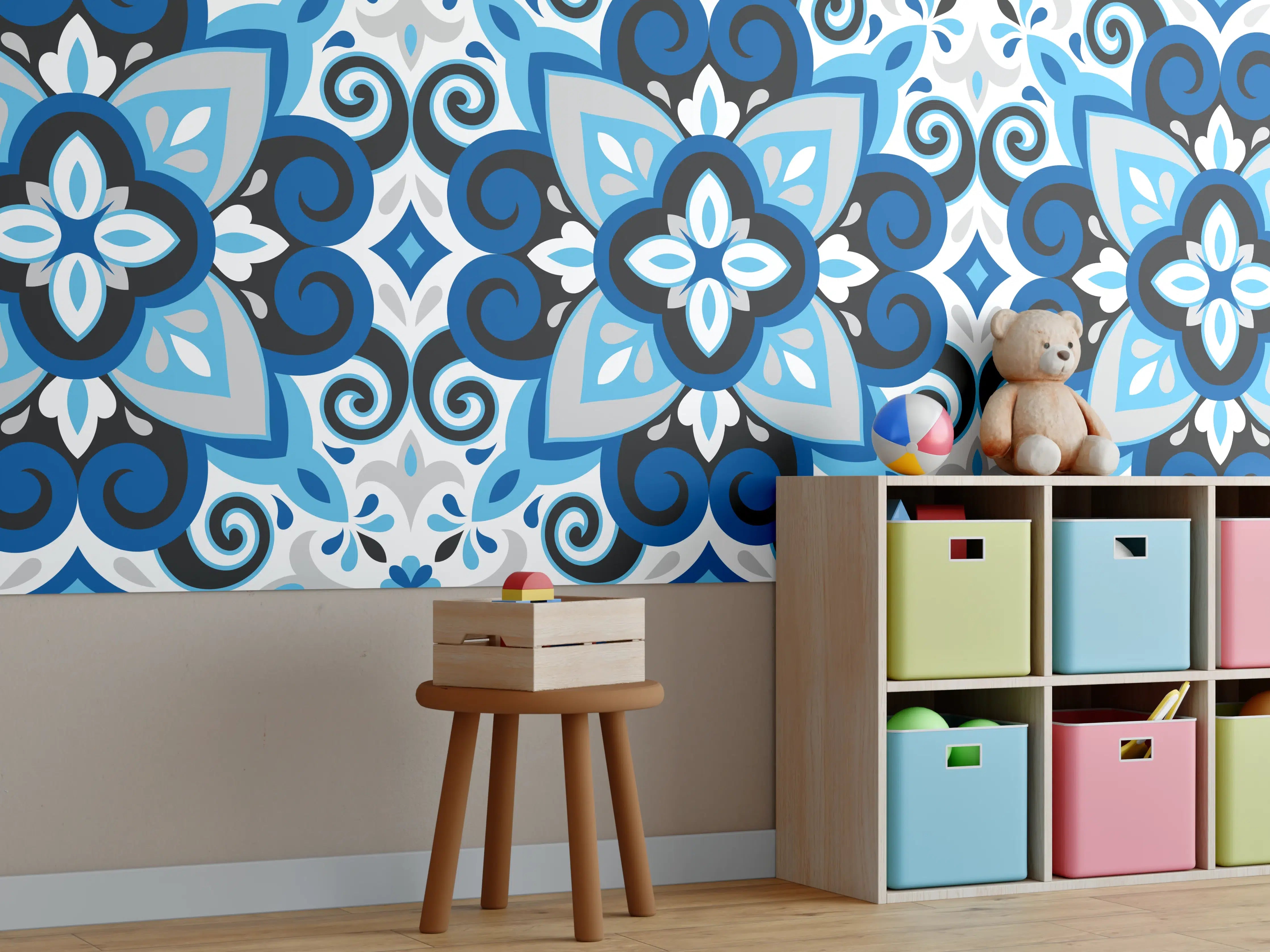 Kinderzimmer Wandgestaltung - Blau-weißes Musterdesign mit subtilen Grautönen