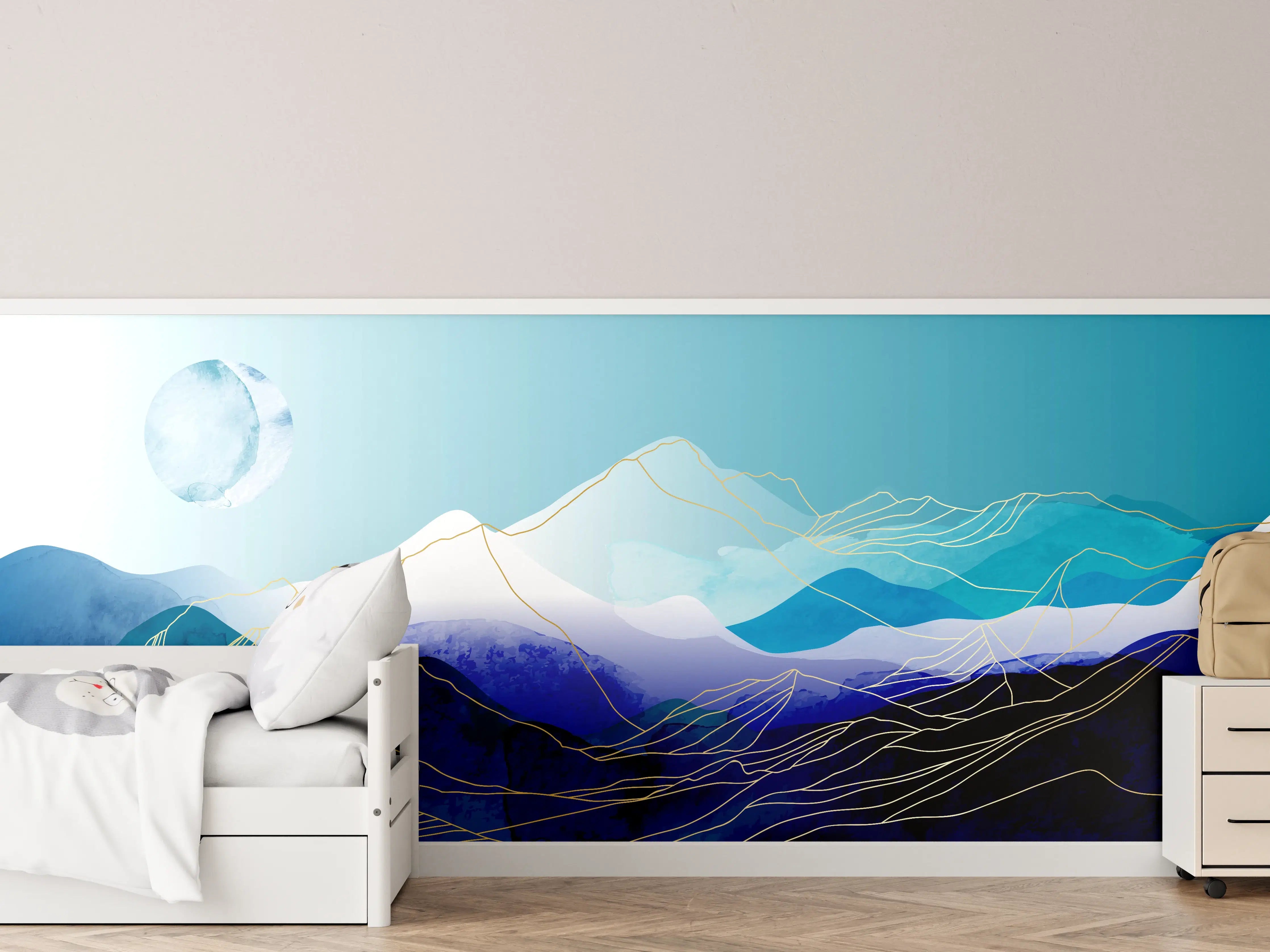 Kinderzimmer Wandgestaltung - Blaue Berge Aquarell Illustration