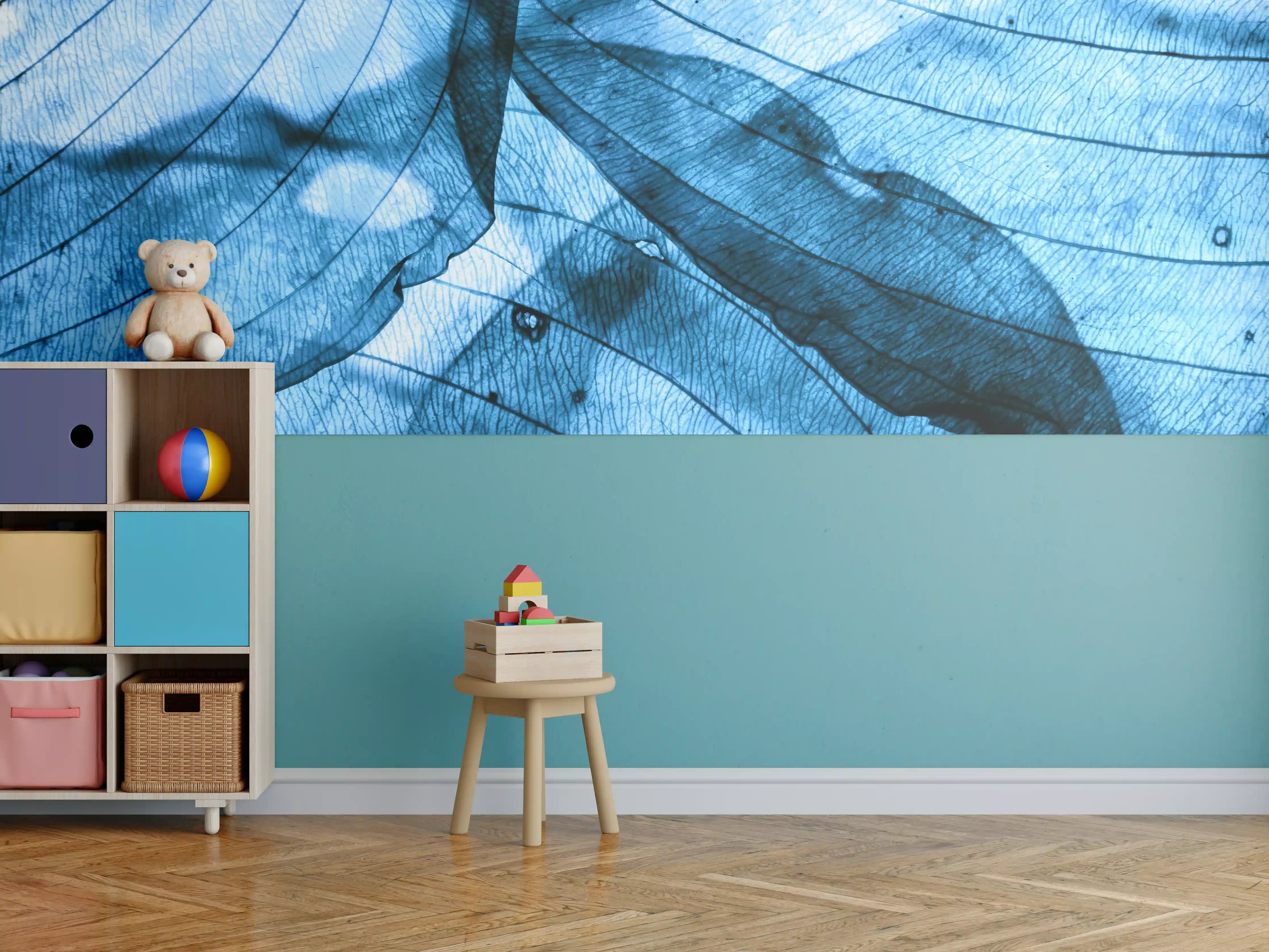 Kinderzimmer Wandgestaltung - Blaue Blätter-Struktur mit feinen Linien