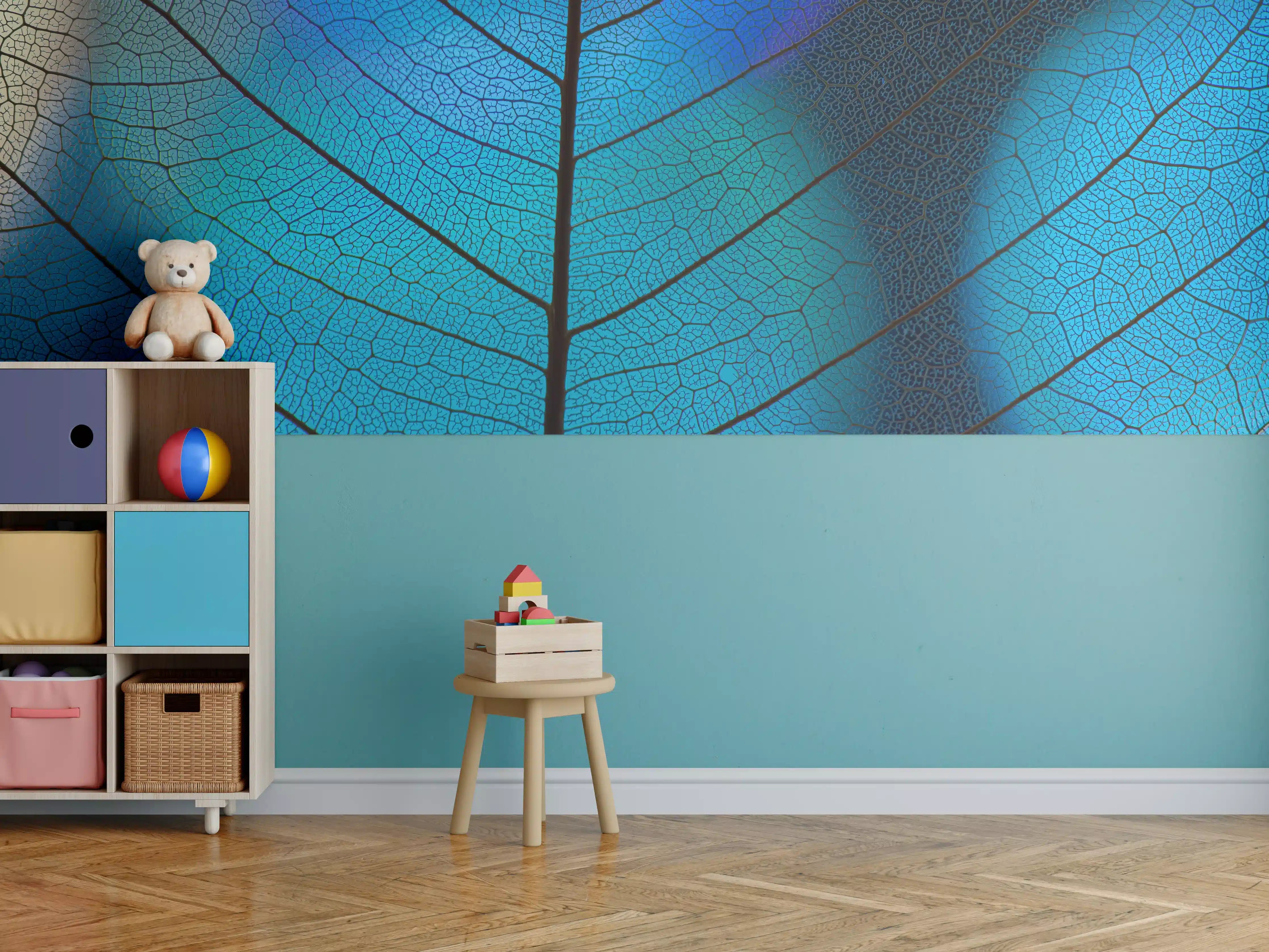 Kinderzimmer Wandgestaltung - Blaue Blattstruktur mit feinen Adern
