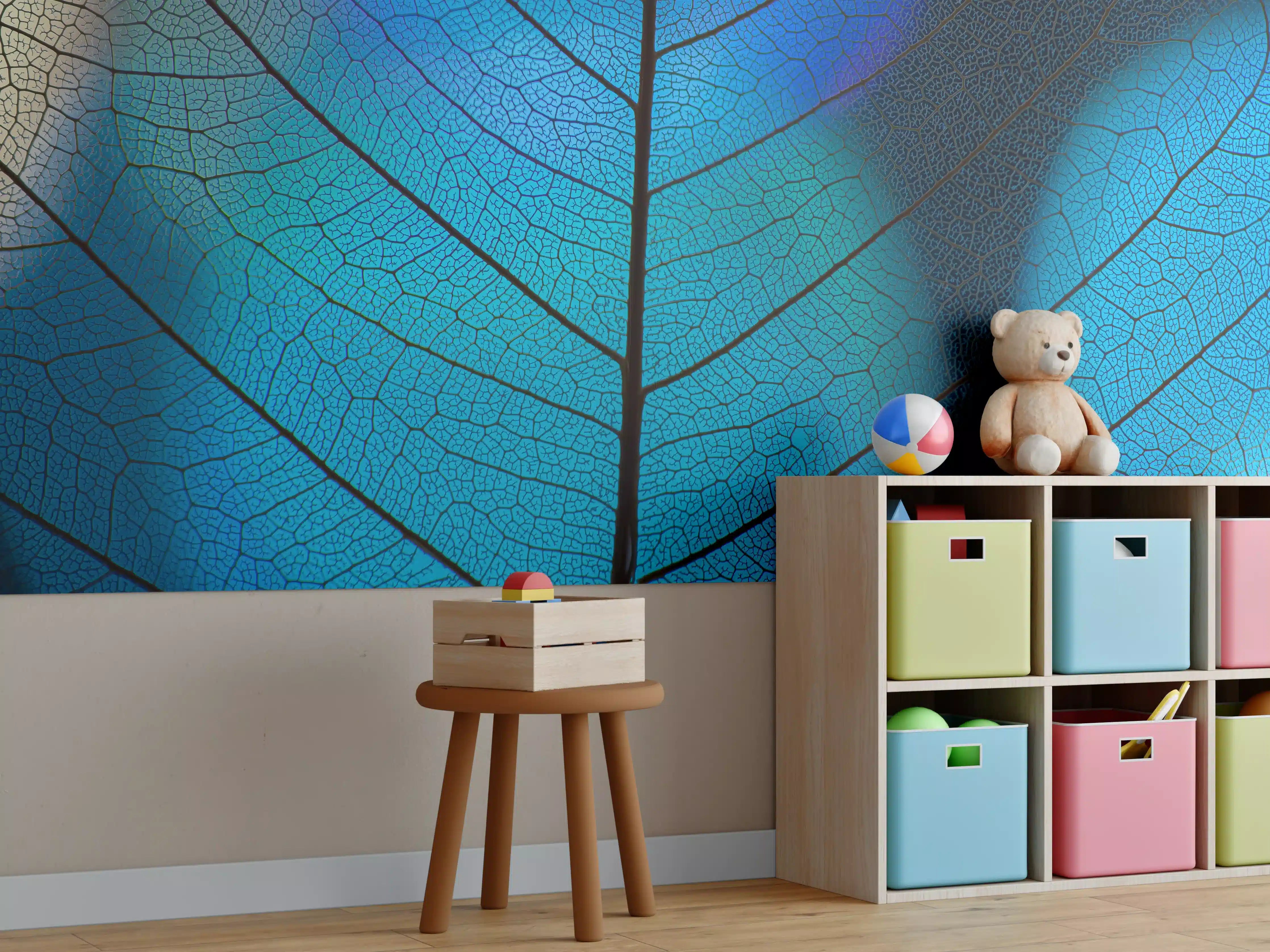 Kinderzimmer Wandgestaltung - Blaue Blattstruktur mit feinen Adern