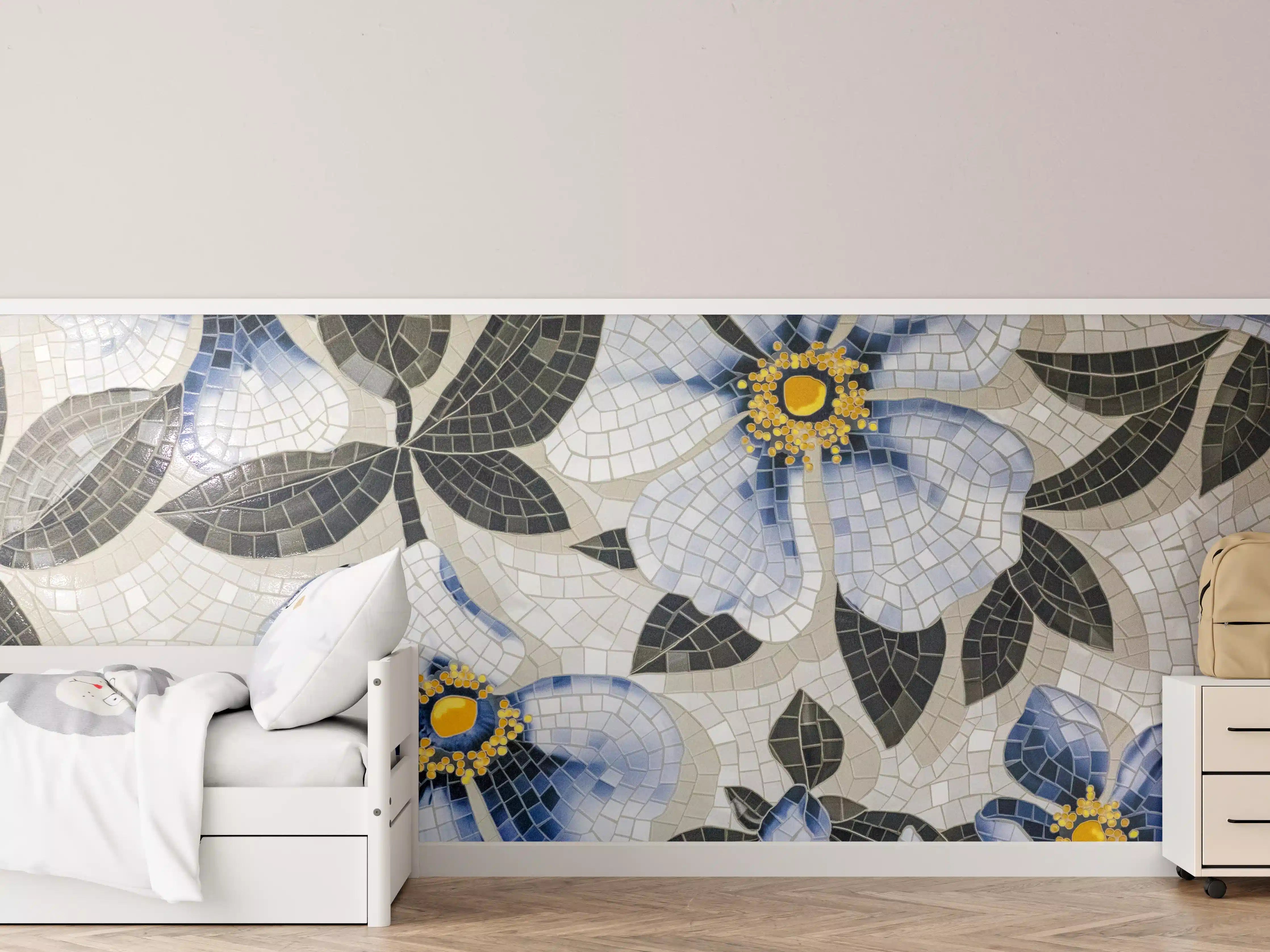 Kinderzimmer Wandgestaltung - Blaue Blumen Mosaikfliesen