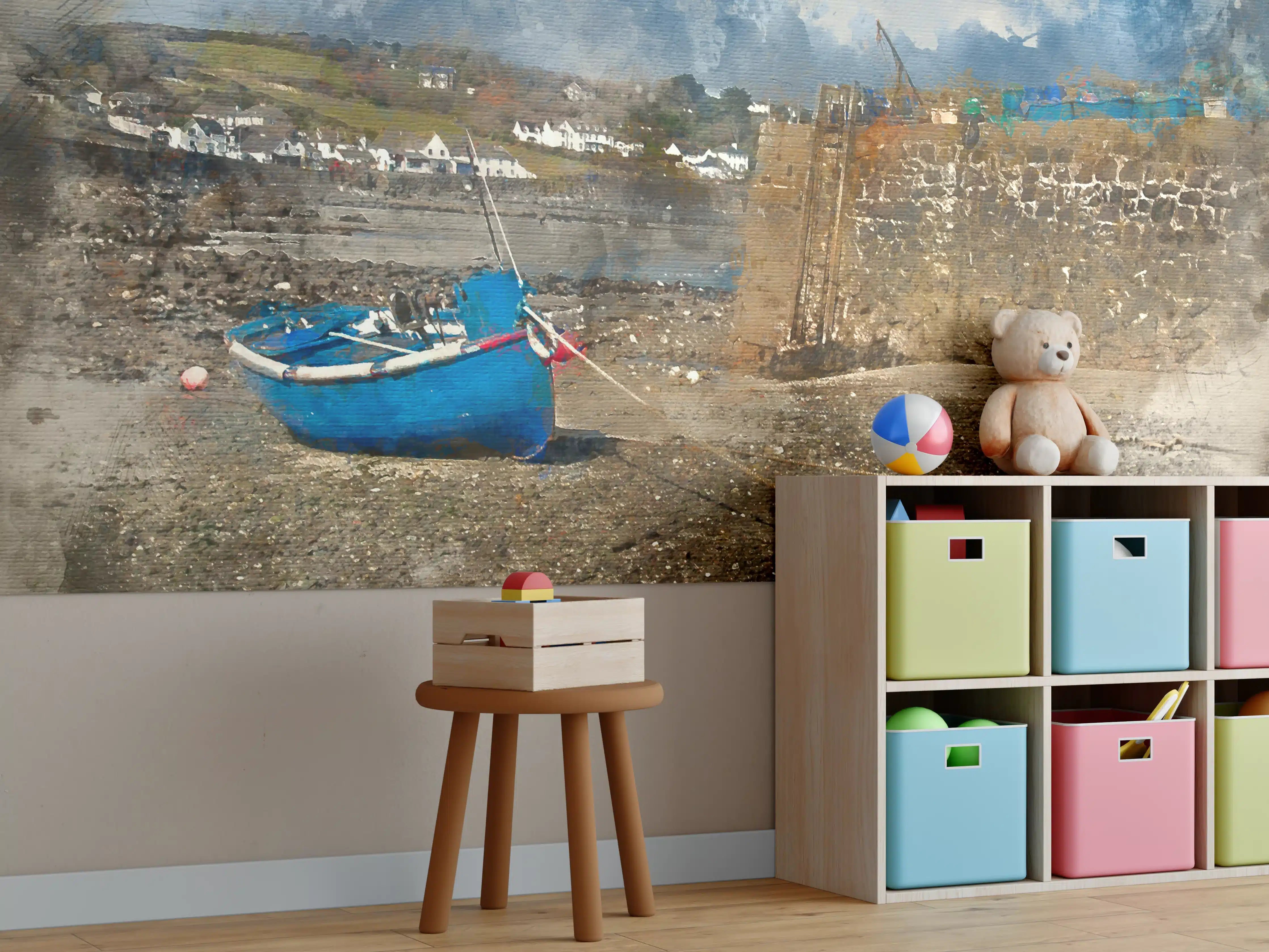 Kinderzimmer Wandgestaltung - Blaue Fisherboot am Hafen bei Ebbe