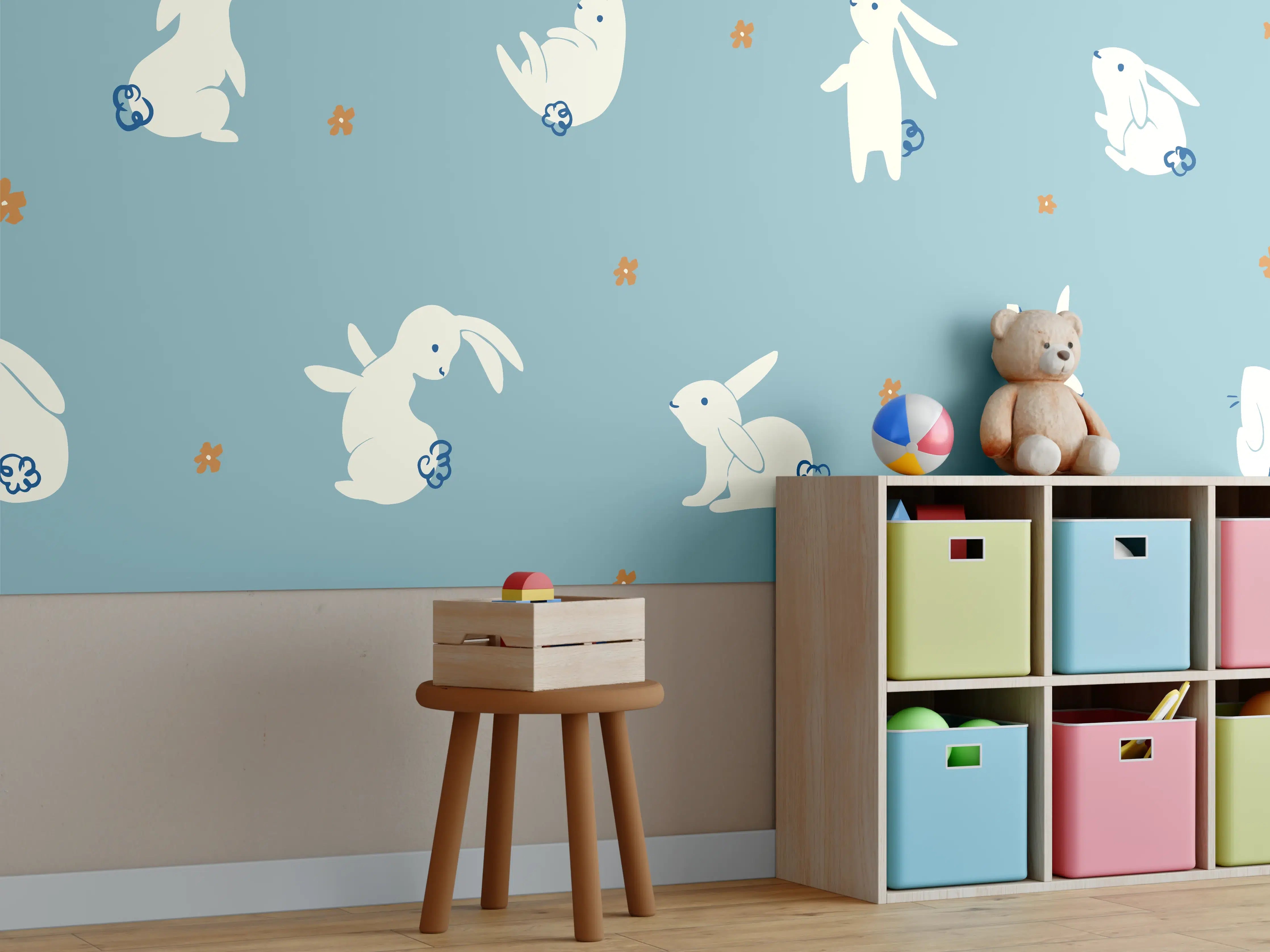 Kinderzimmer Wandgestaltung - Blaue Häschen-Muster Tapete