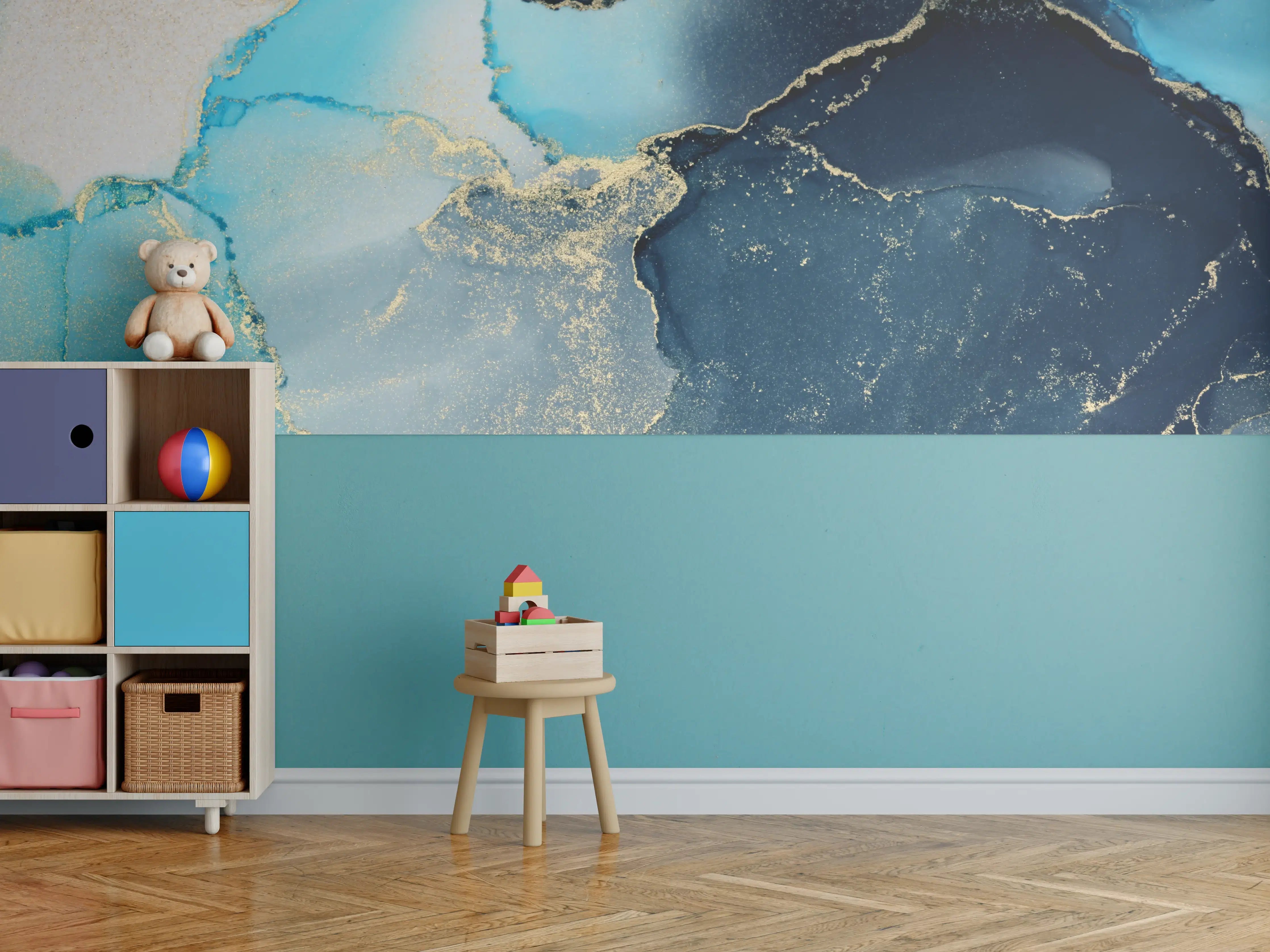 Kinderzimmer Wandgestaltung - Blaue Marmortextur mit Goldfäden