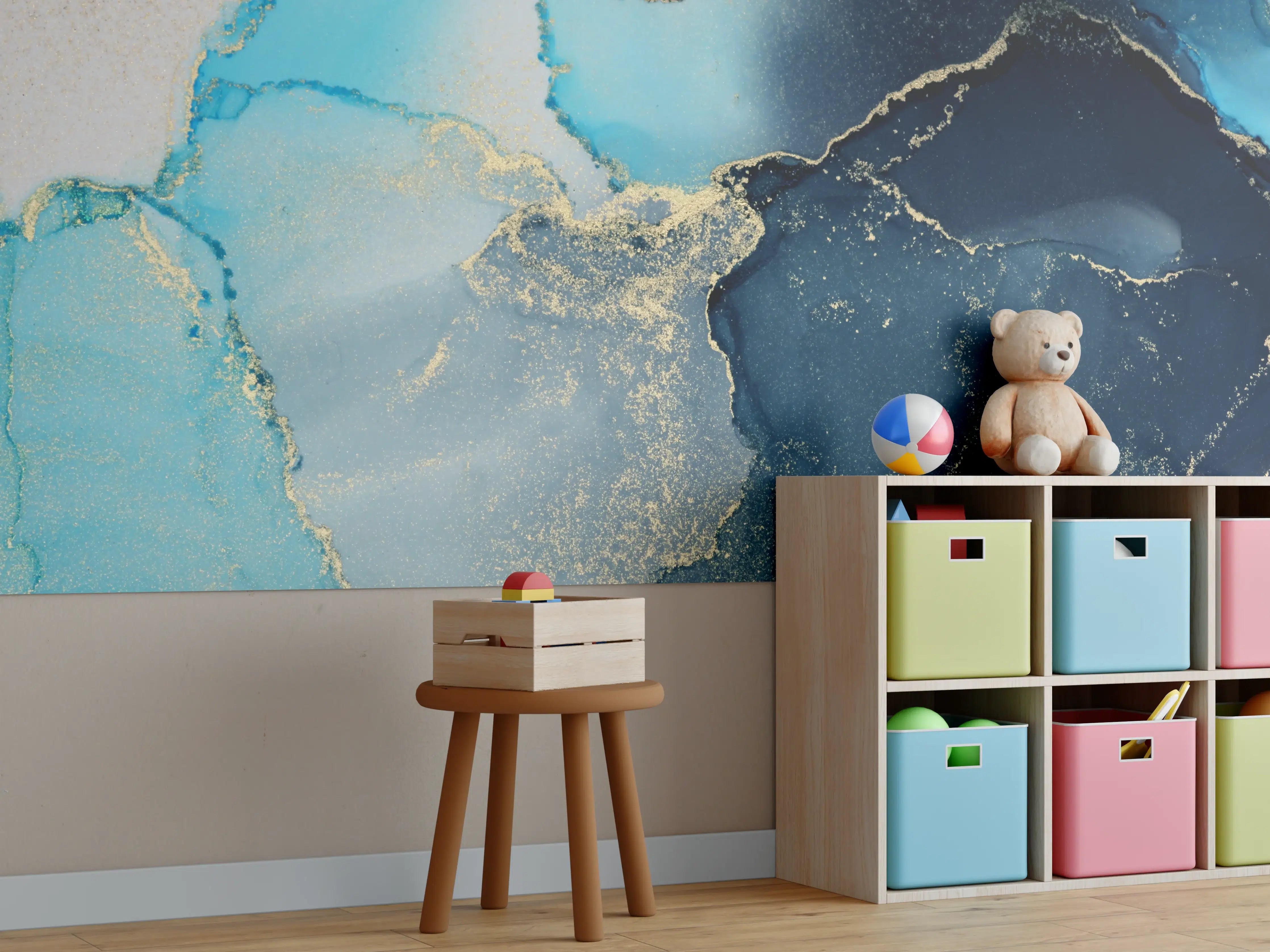 Kinderzimmer Wandgestaltung - Blaue Marmortextur mit Goldfäden