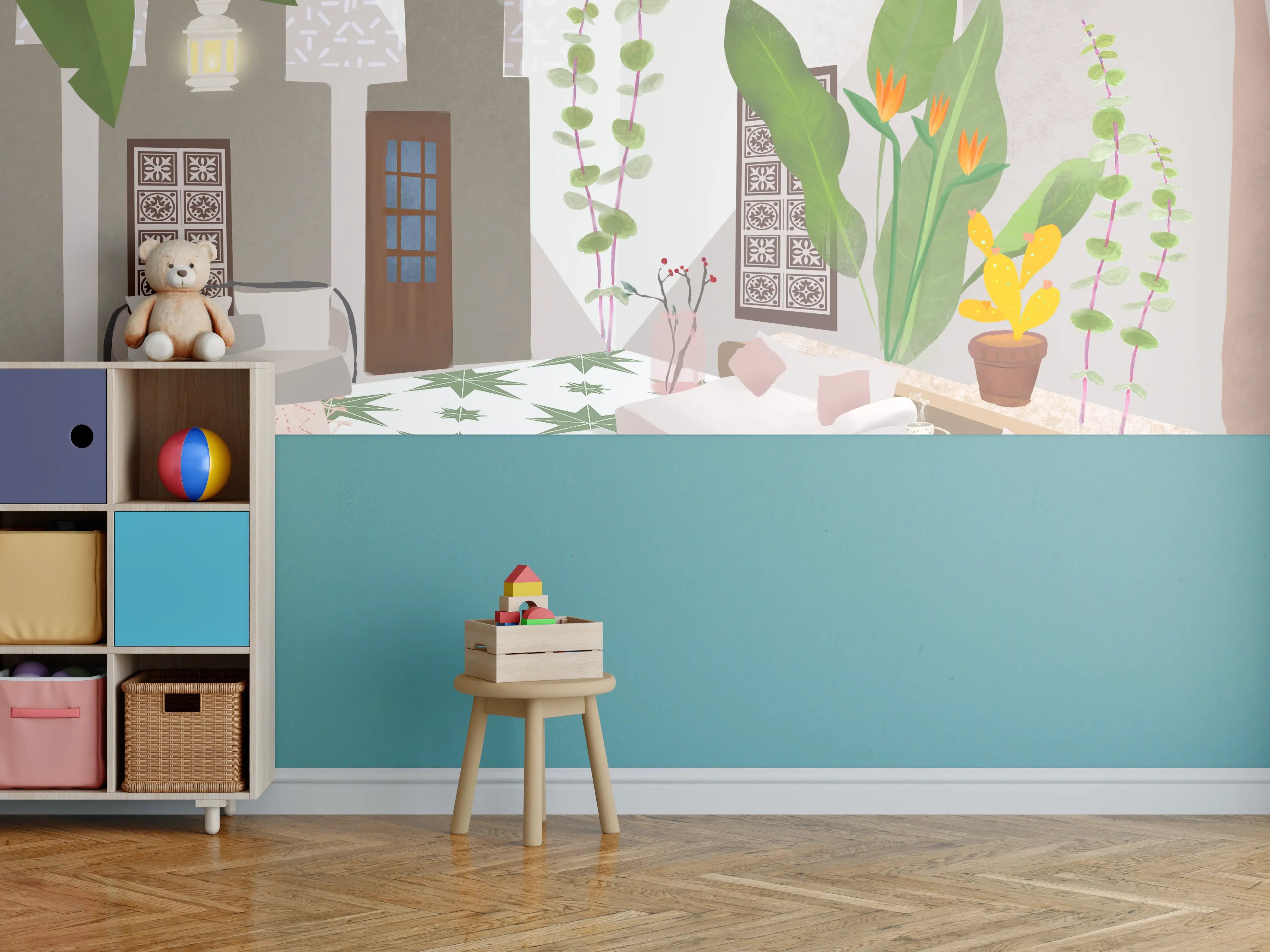 Kinderzimmer Wandgestaltung - Blaue Poollandschaft mit tropischen Pflanzen