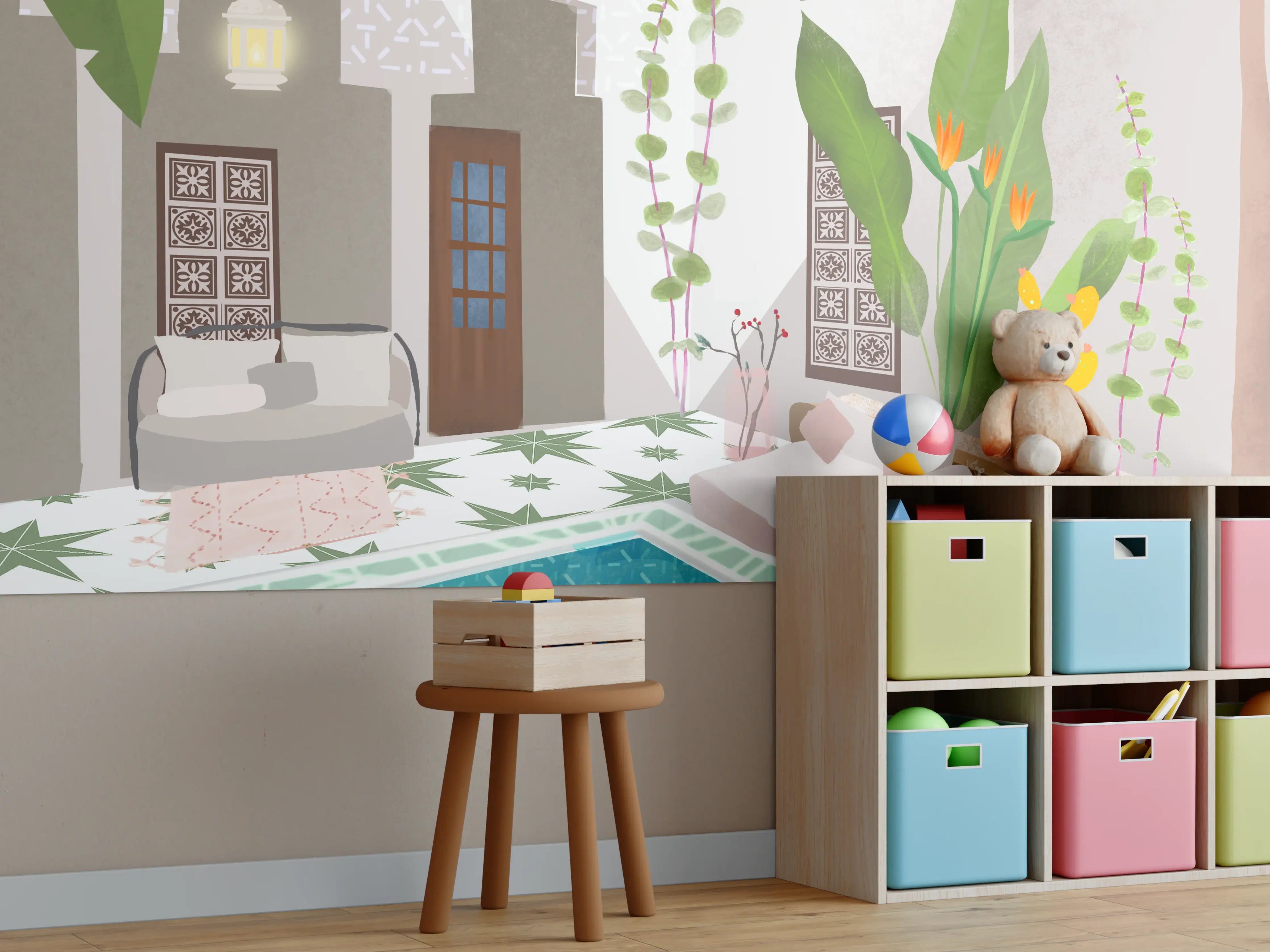 Kinderzimmer Wandgestaltung - Blaue Poollandschaft mit tropischen Pflanzen