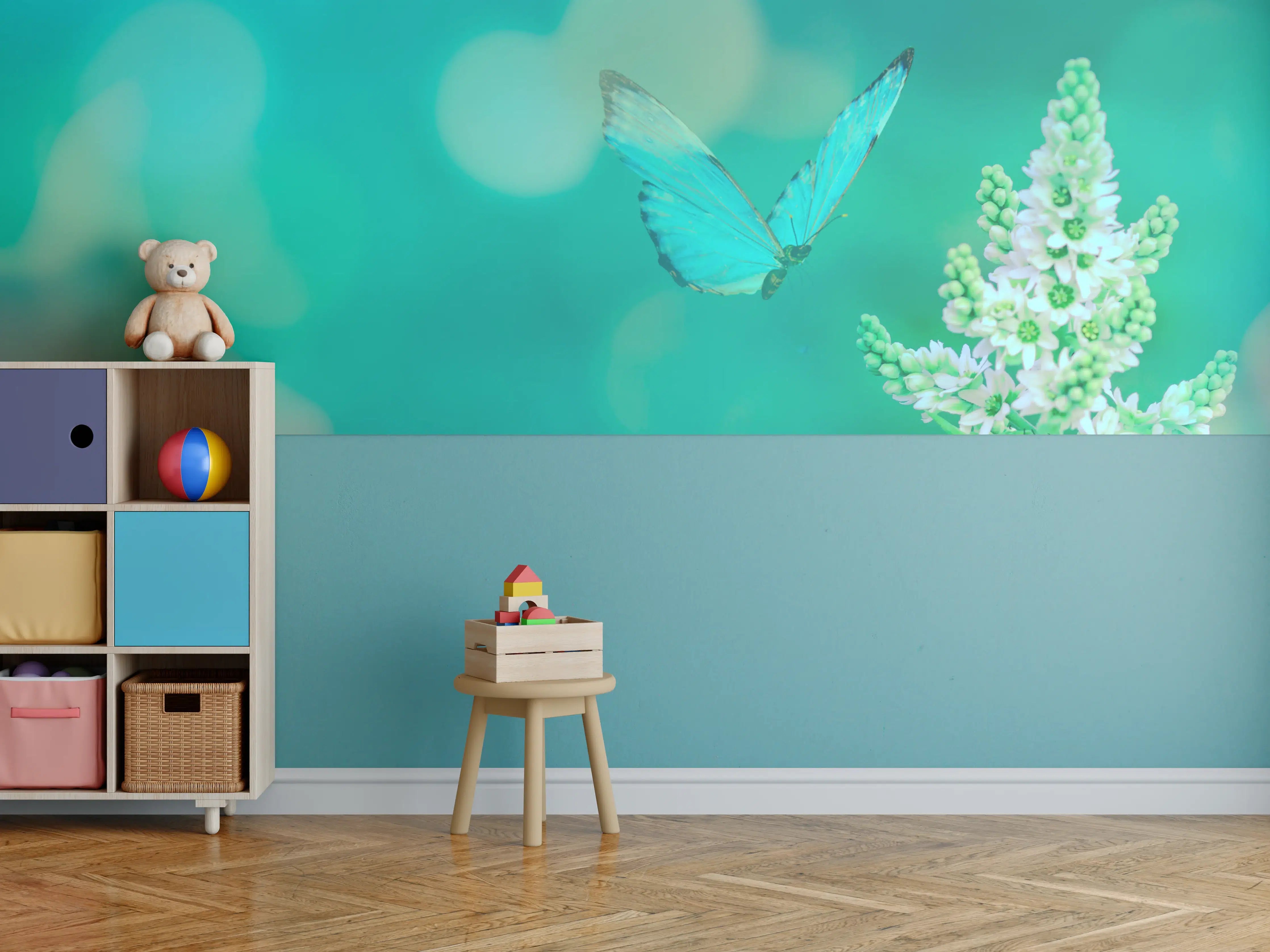 Kinderzimmer Wandgestaltung - Blaue Schmetterlinge und Blüten