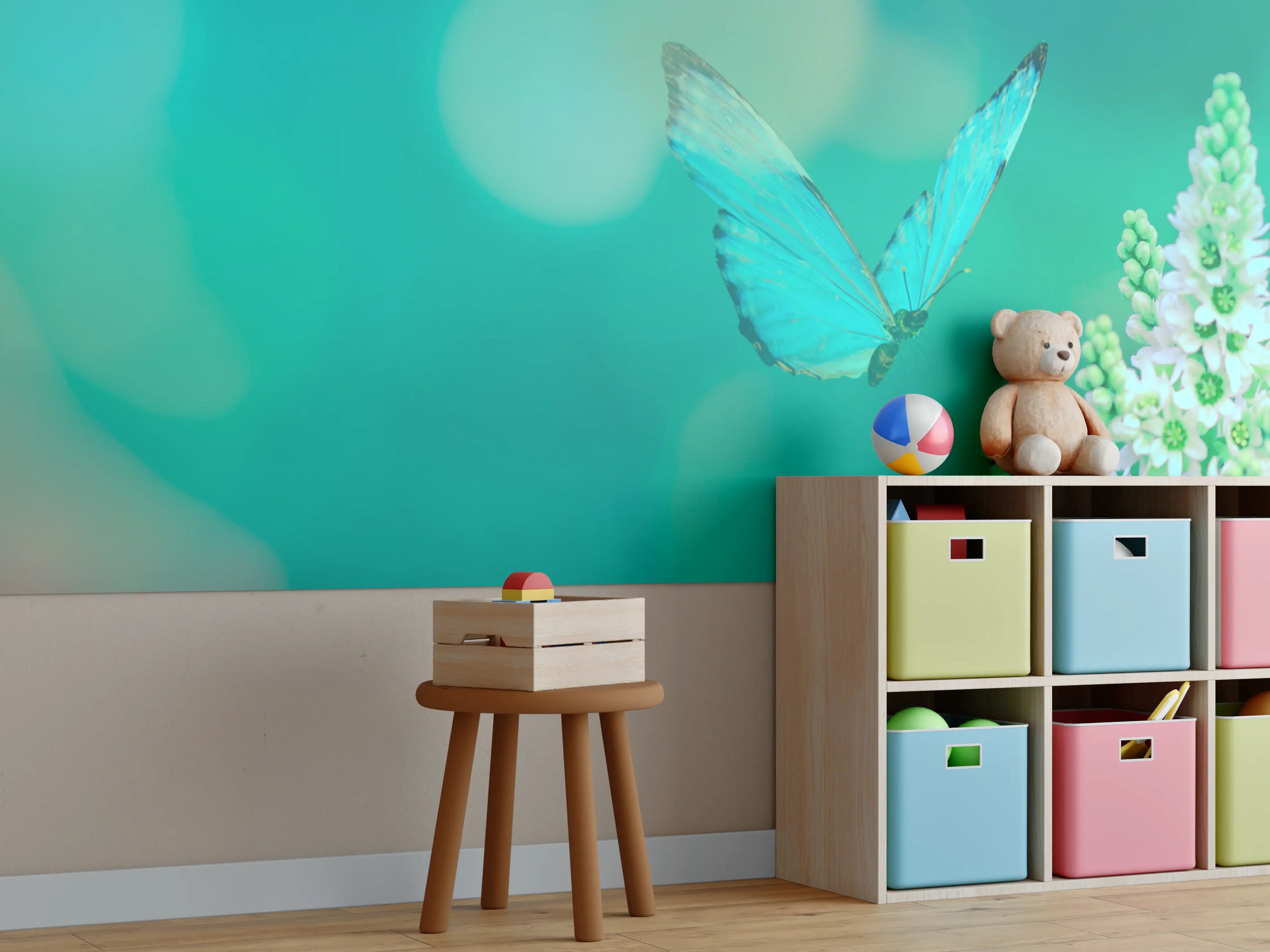 Kinderzimmer Wandgestaltung - Blaue Schmetterlinge und Blüten