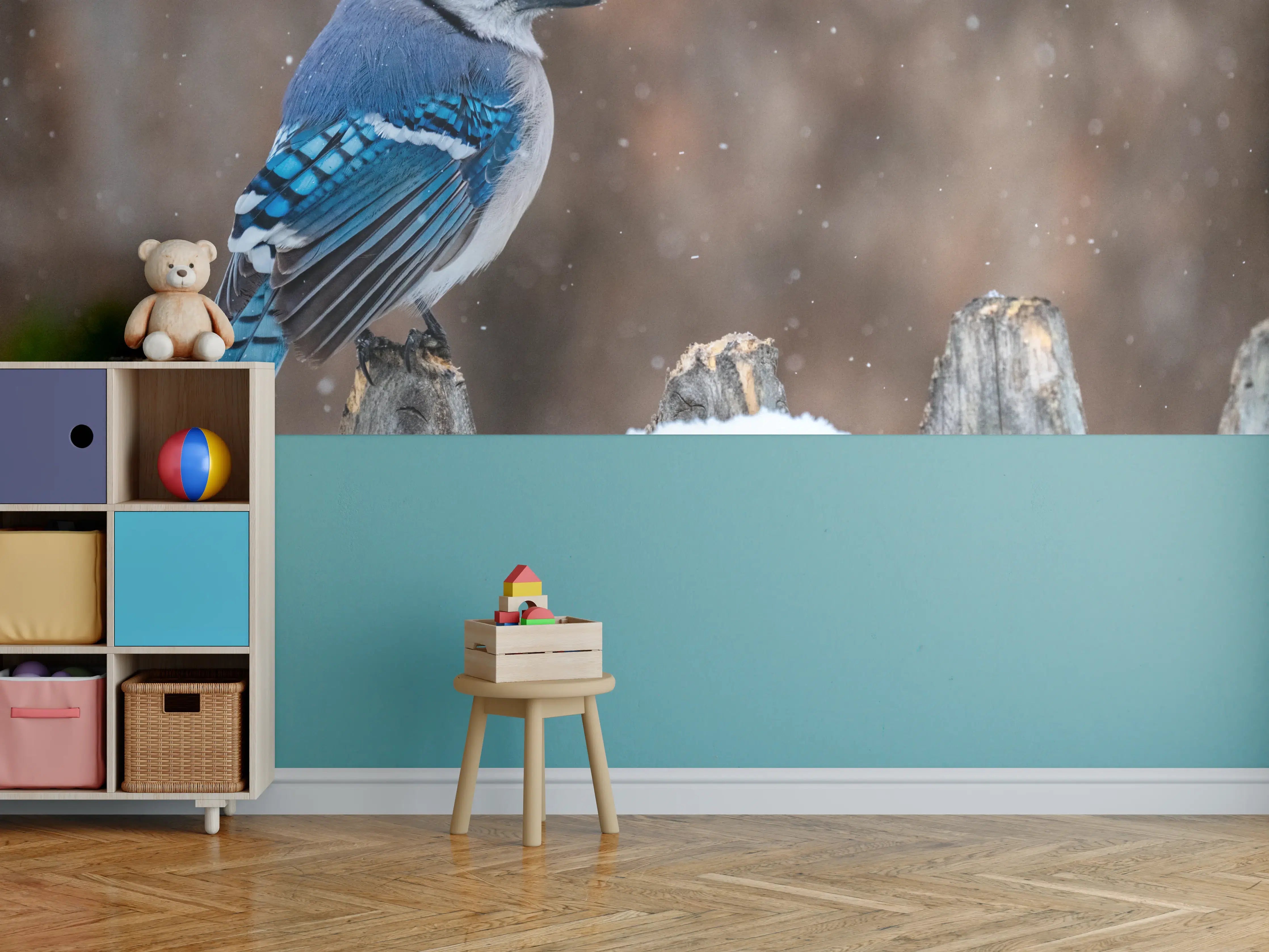 Kinderzimmer Wandgestaltung - Blaue Vogel auf Baumstumpf mit Schnee