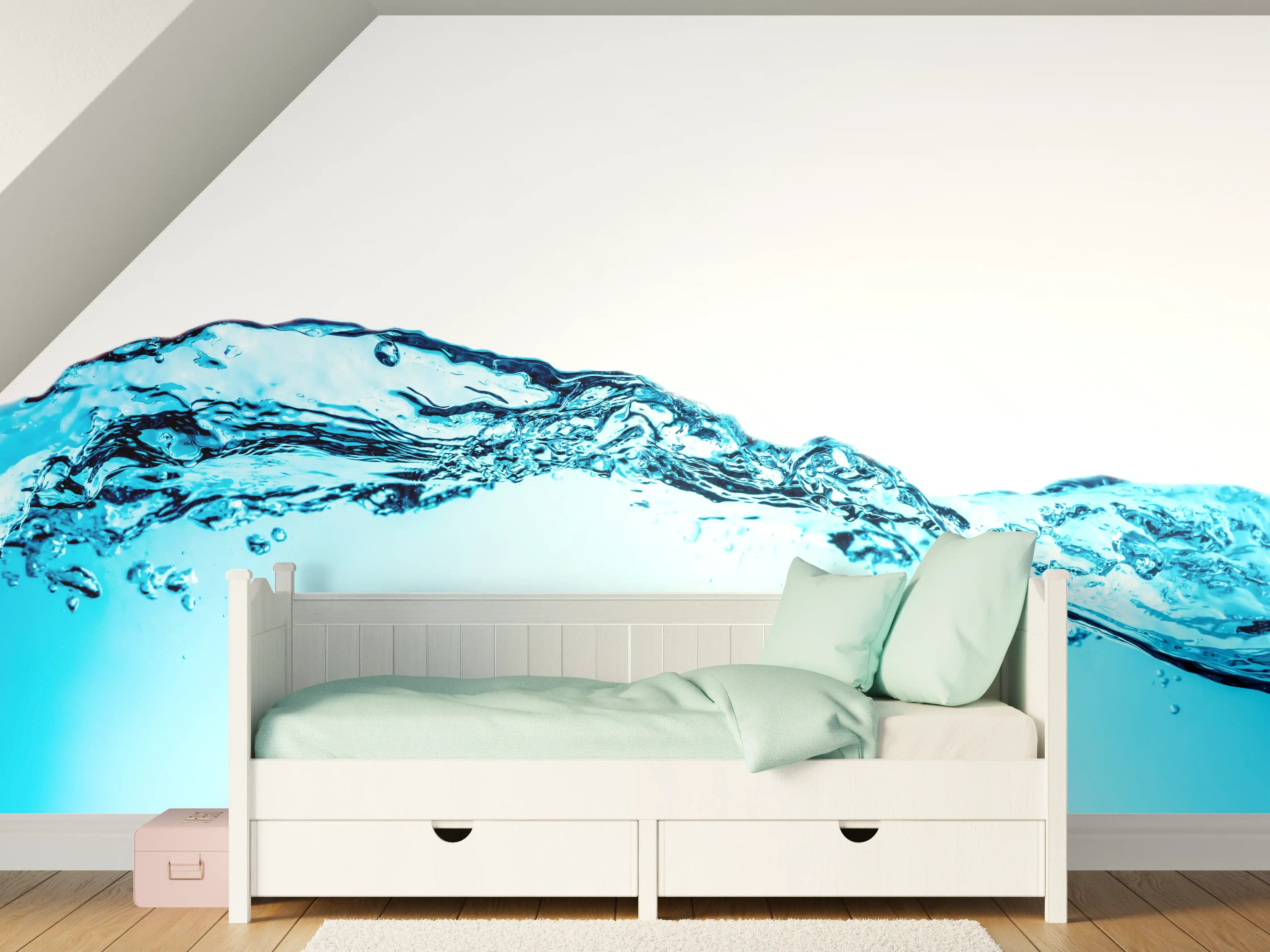 Kinderzimmer Wandgestaltung - Blaue Wasserwelle mit Bläschen
