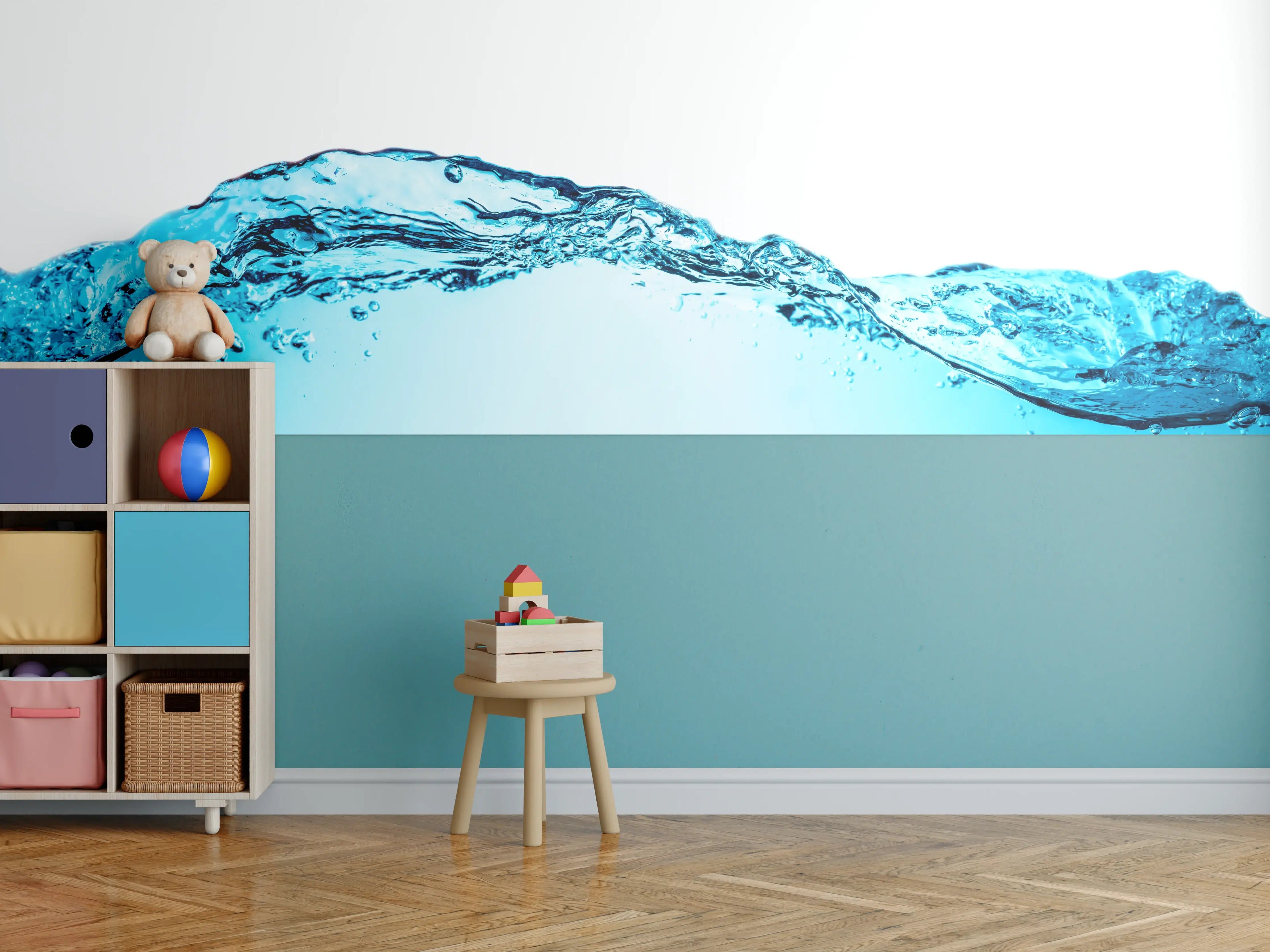 Kinderzimmer Wandgestaltung - Blaue Wasserwelle mit Bläschen