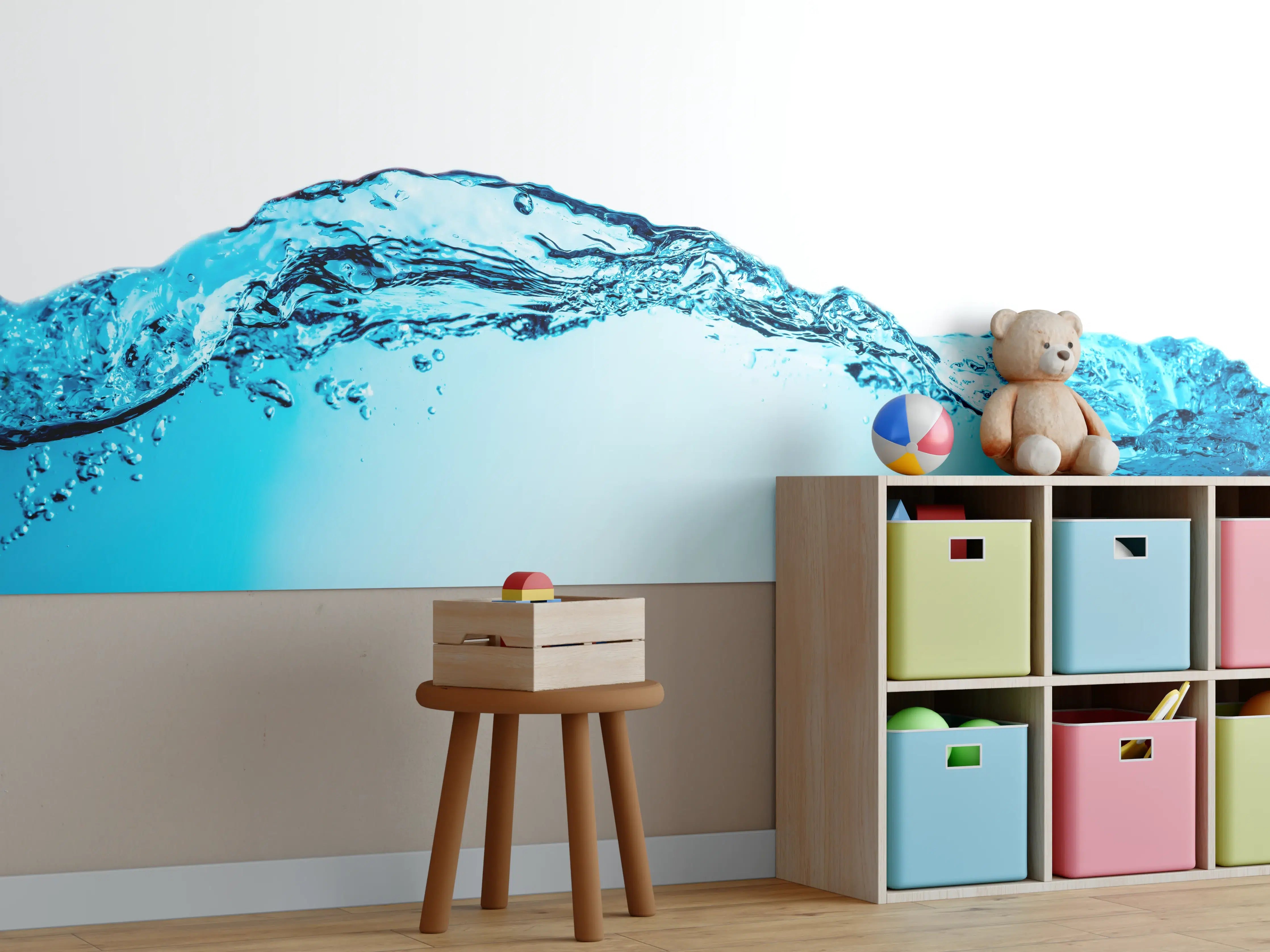 Kinderzimmer Wandgestaltung - Blaue Wasserwelle mit Bläschen