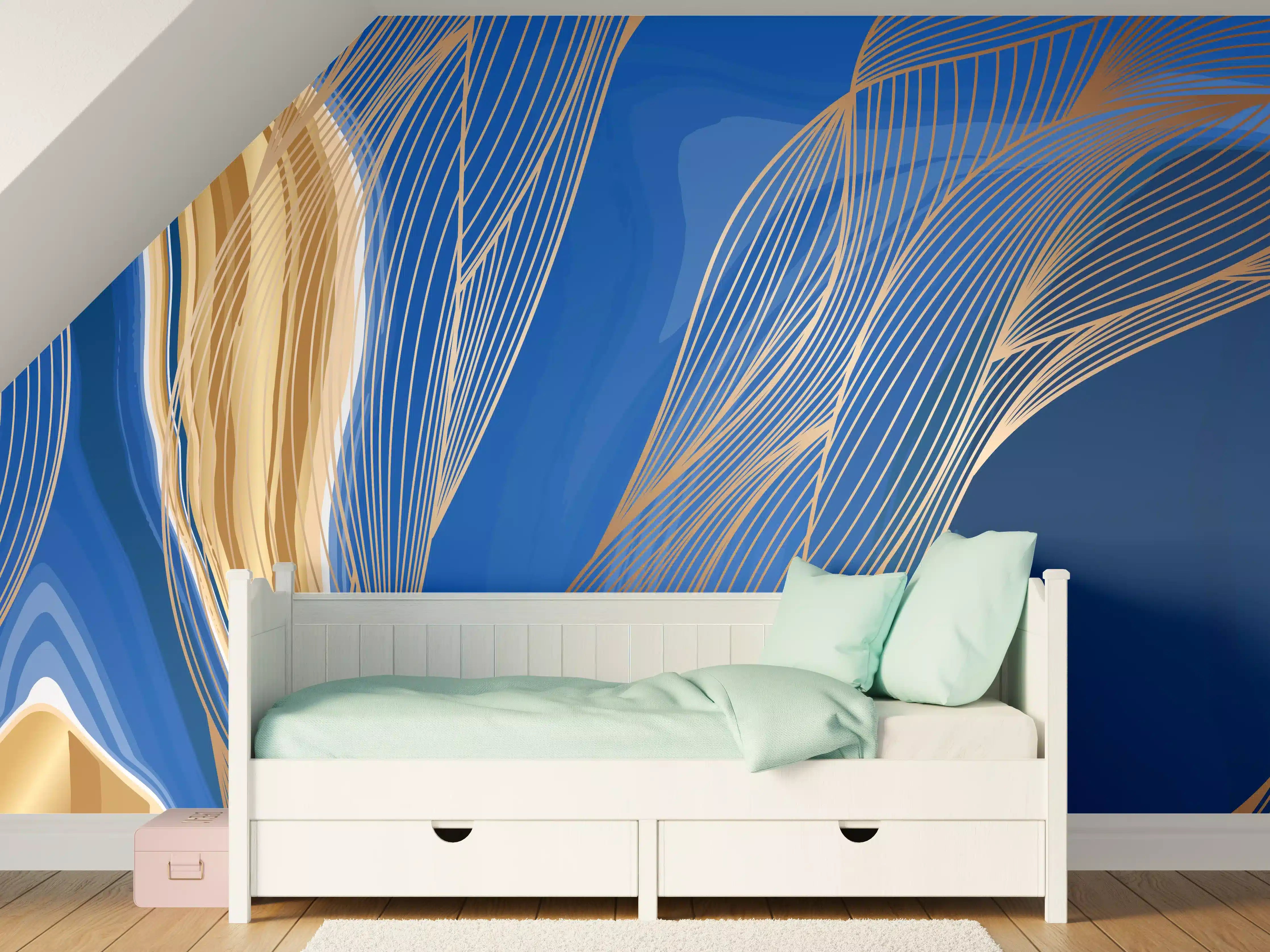 Kinderzimmer Wandgestaltung - Blaue abstrakte Linien und Farbverläufe