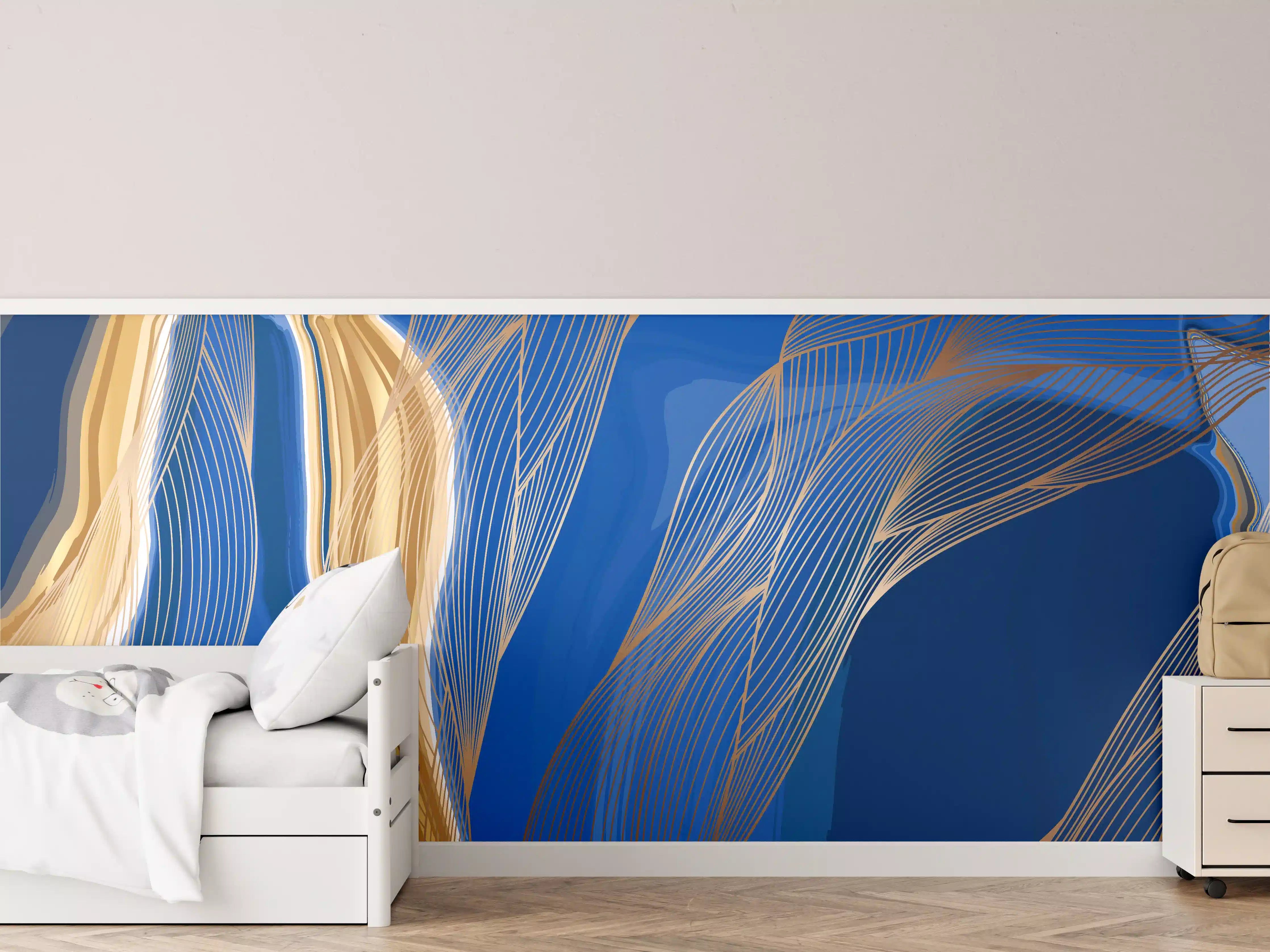Kinderzimmer Wandgestaltung - Blaue abstrakte Linien und Farbverläufe